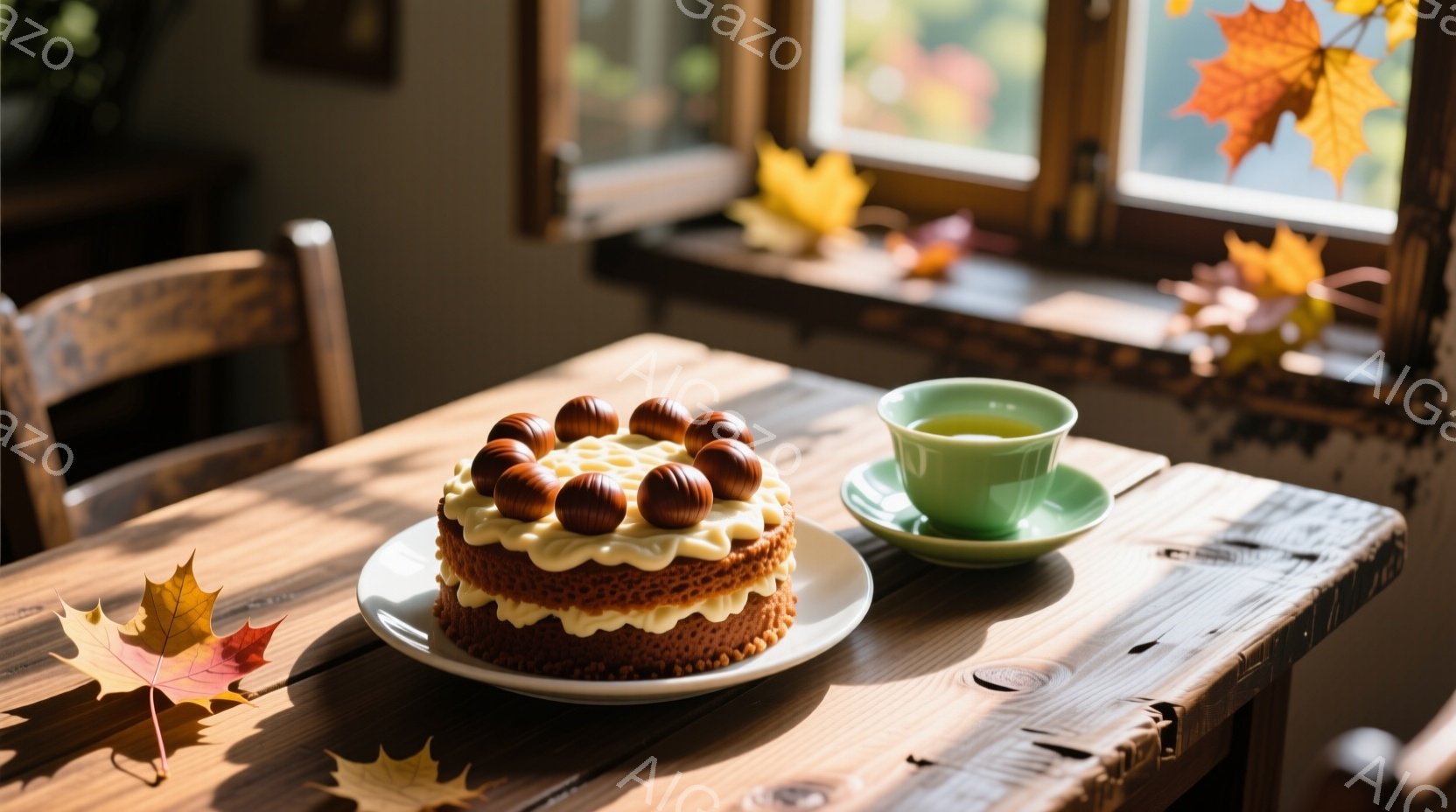 粗い木製のテーブルの上に、クリームとチョコレートで飾られたケーキと、緑色のカップとソーサーが置かれています。背景には窓があり、窓枠の上には紅葉が飾られており、外の風景が見えます。全体的に秋の暖かい日差しが差し込む、穏やかで心地よい雰囲気です。