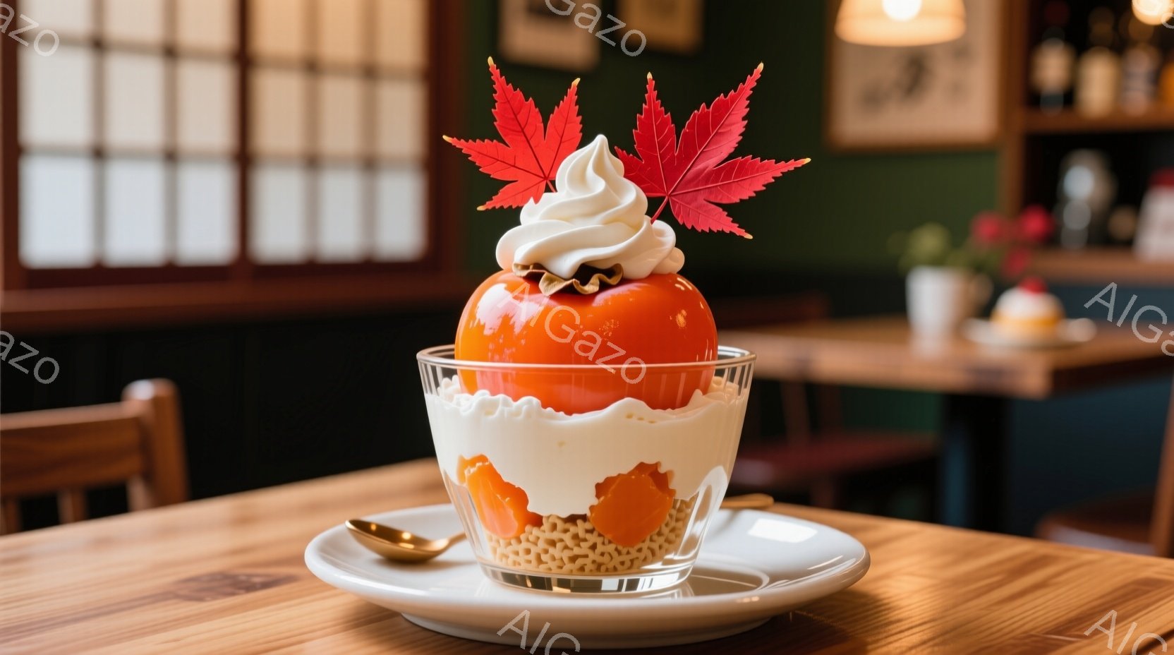 鮮やかなオレンジ色の柿を使ったパフェが、白いソーサーに乗せられています。パフェの中には、細い麺のようなものが層になっており、柿の甘さとクリームのまろやかさが楽しめそうです。背景には、木製の家具や緑色の壁が見え、落ち着いた雰囲気のカフェやレストランのような場所で撮影されたようです。