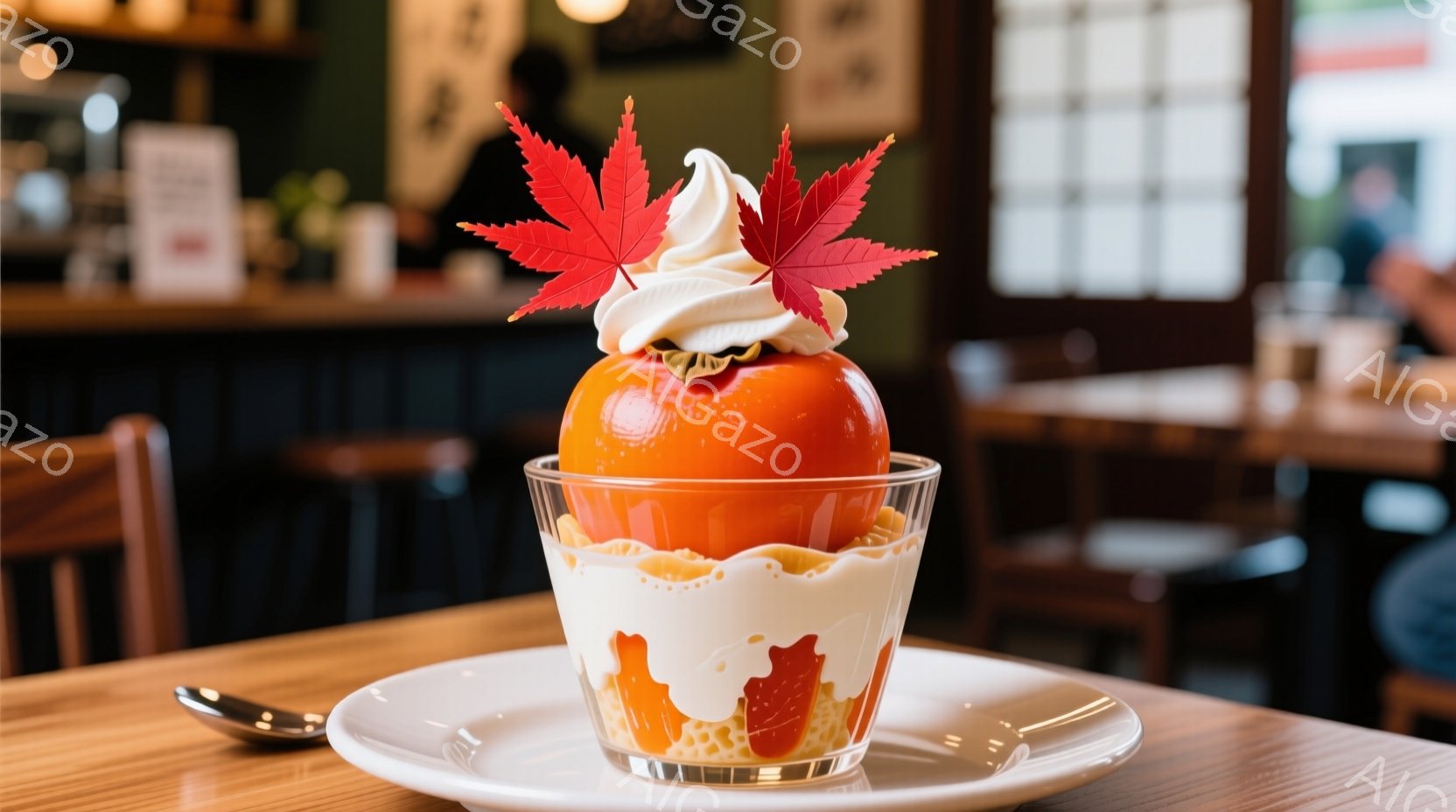 ガラスの器に盛られた、秋らしいデザートが中央に配置されています。オレンジ色の大きな果実を模したものがクリームの上に載せられ、その上に紅葉の形のクッキーが飾られています。背景には木製のテーブルと椅子が見え、店内は落ち着いた雰囲気で、秋の訪れを感じさせる暖かい光が差し込んでいます。