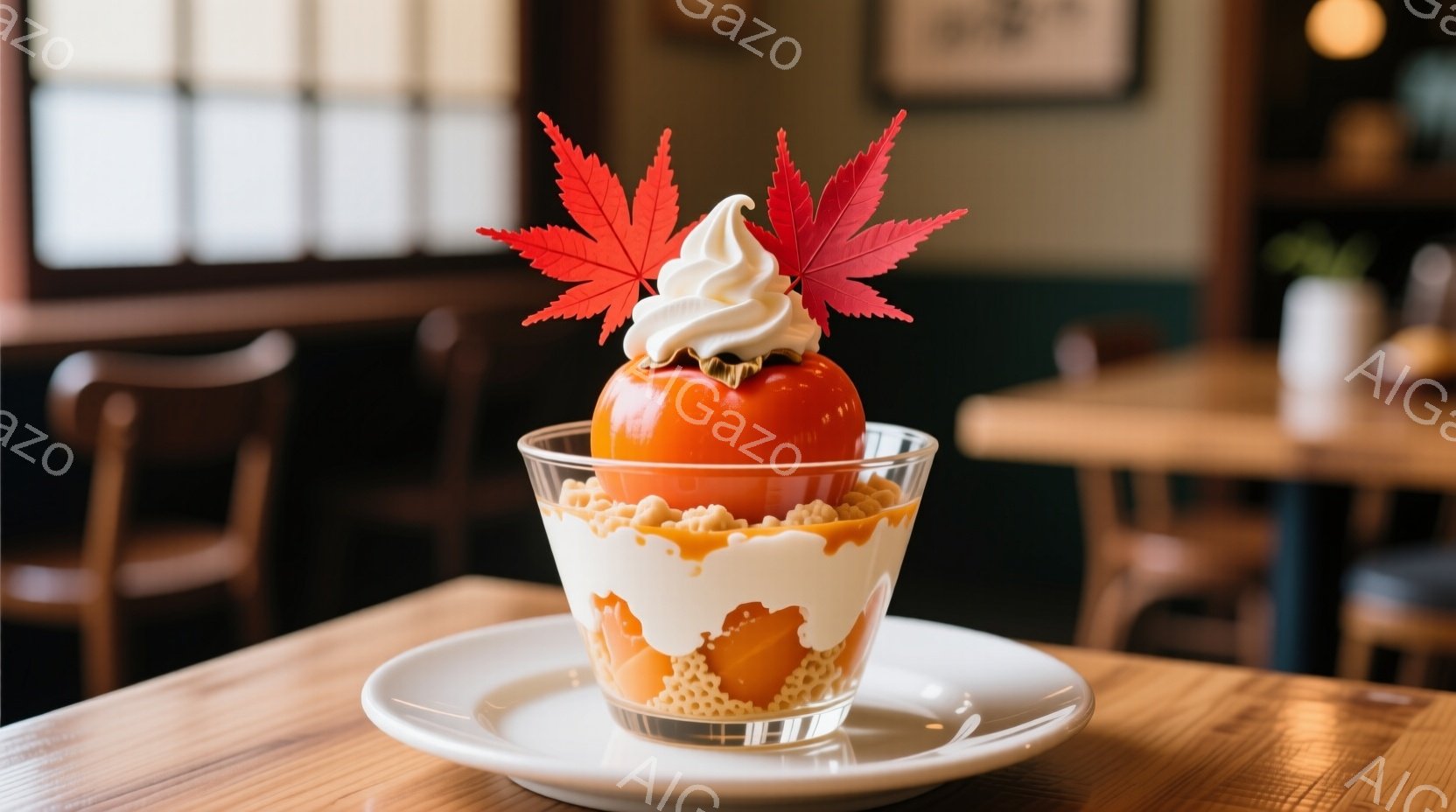 鮮やかなオレンジ色のカボチャを模したデザートがガラスの器に盛り付けられ、クッキーやクリームが層になって重ねられています。器の上には、白く渦巻いたクリームと、紅葉したもみじの葉が飾られています。背景には木製のテーブルと椅子が見え、暖かく落ち着いたカフェのような雰囲気です。