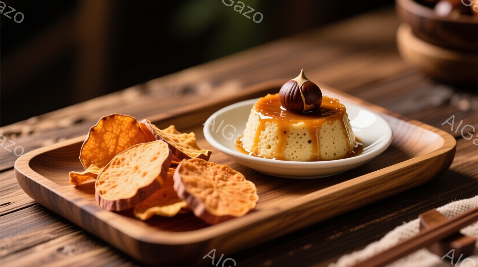 濃い木製の皿に、カラメルソースがかかったプリンと、細かくカットされたサツマイモのチップスが並べられています。プリンの上には丸い栗が飾られ、全体的に秋の収穫を連想させる温かい雰囲気です。背景にはぼやけた木製のテーブルと、クリーム色の布が見え、料理に焦点が当てられています。