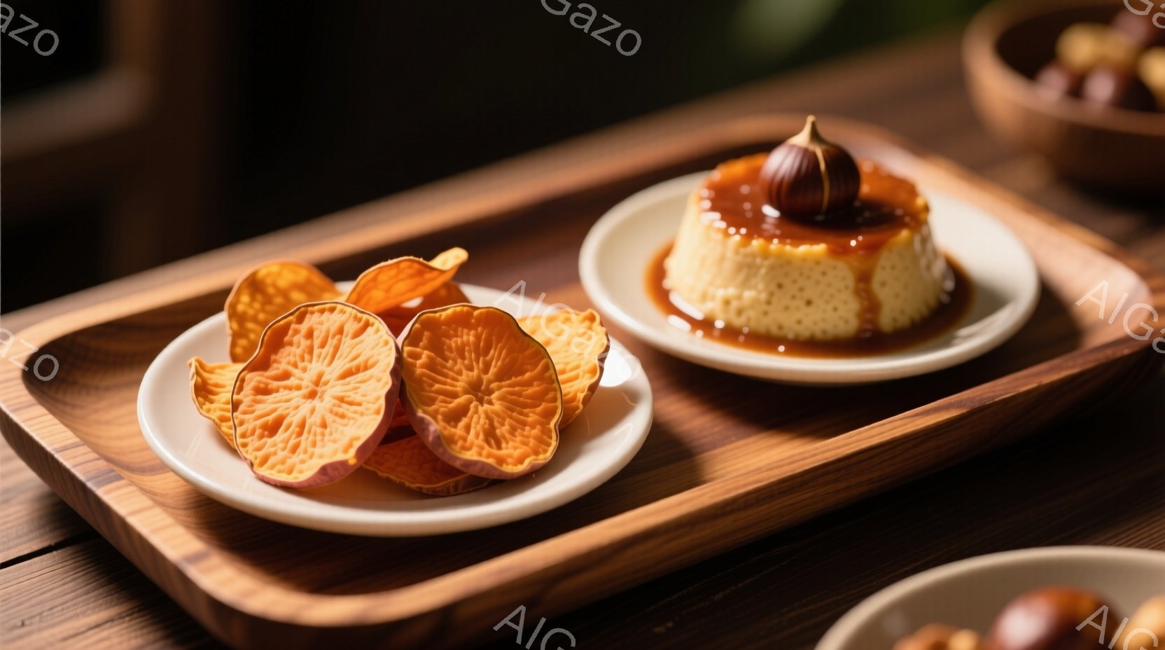木製のトレーの上に置かれた2つの白い皿が写っています。一方の皿には、薄くスライスされ乾燥させたサツマイモが積み重ねられ、もう一方の皿にはキャラメルソースがかかったプリンと栗が載っています。背景には、栗が入った浅い木製のボウルがぼんやりと見え、全体的に秋の温かい雰囲気を醸し出しています。