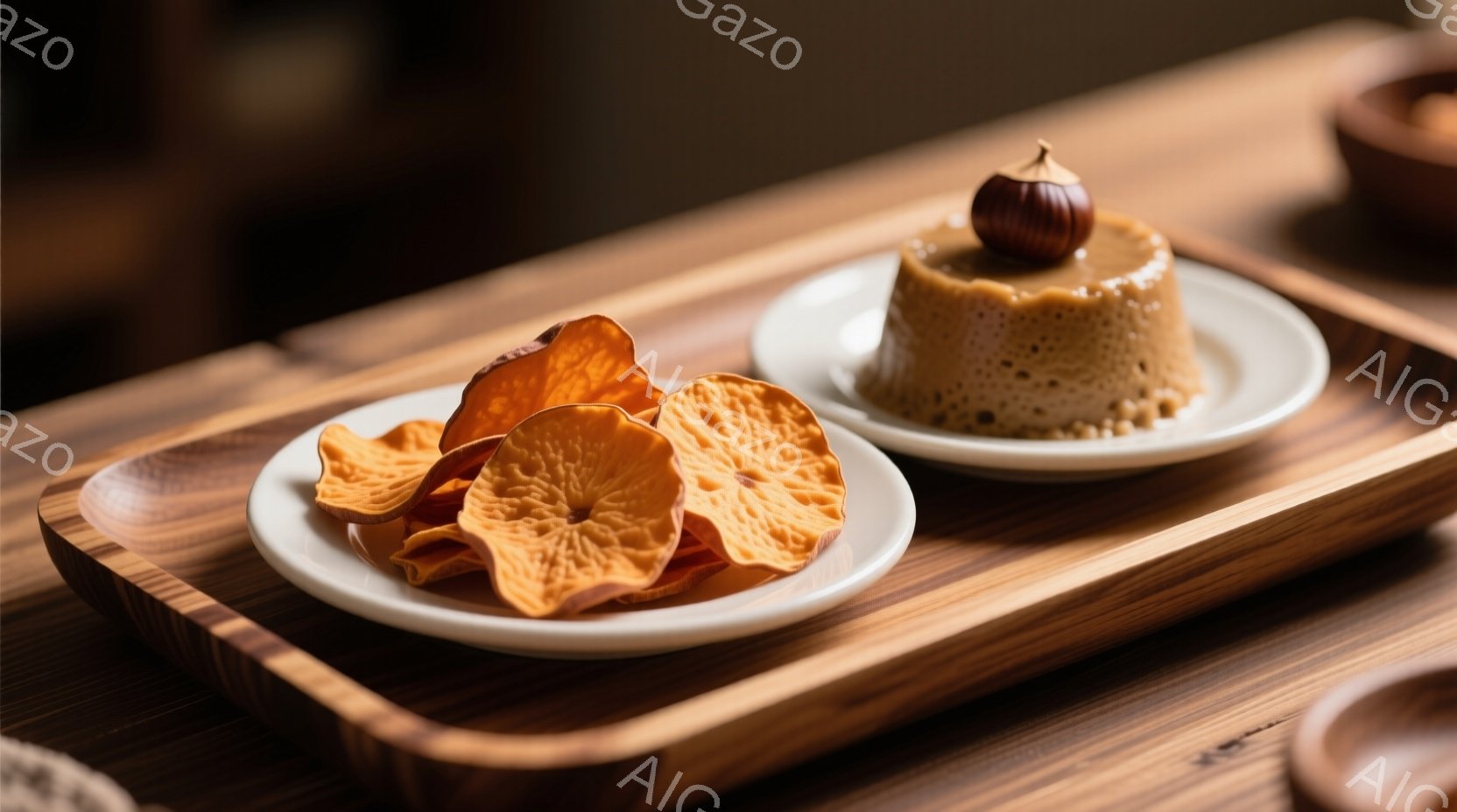 落ち着いた木製のトレイの上に、白磁の小皿が二つ置かれています。一つには、鮮やかなオレンジ色の柿の干し柿が並べられ、もう一方には、キャラメルソースがかかったプリンが飾られています。全体的に暖色系の色合いで、秋の落ち着いた雰囲気が漂っています。