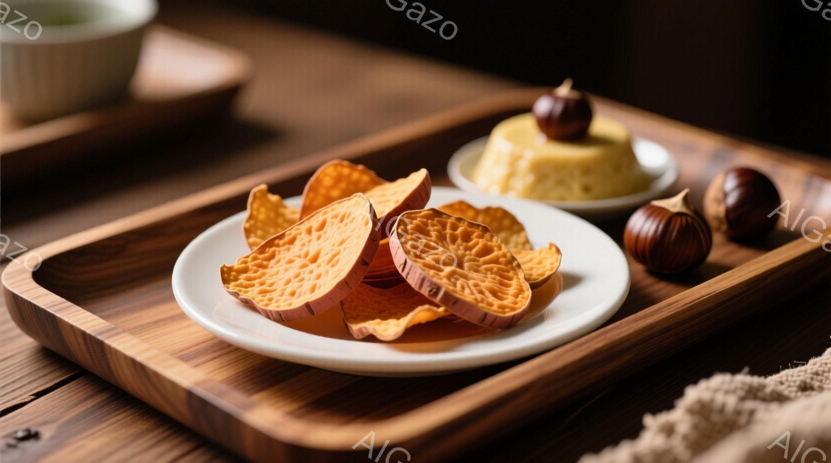 鮮やかなオレンジ色のさつまいもチップスが白い皿に山積みに盛られています。その隣には、クリームを塗った小さなケーキと栗が置かれています。木製のトレイの上で、温かみのある秋の雰囲気を感じさせる構図です。