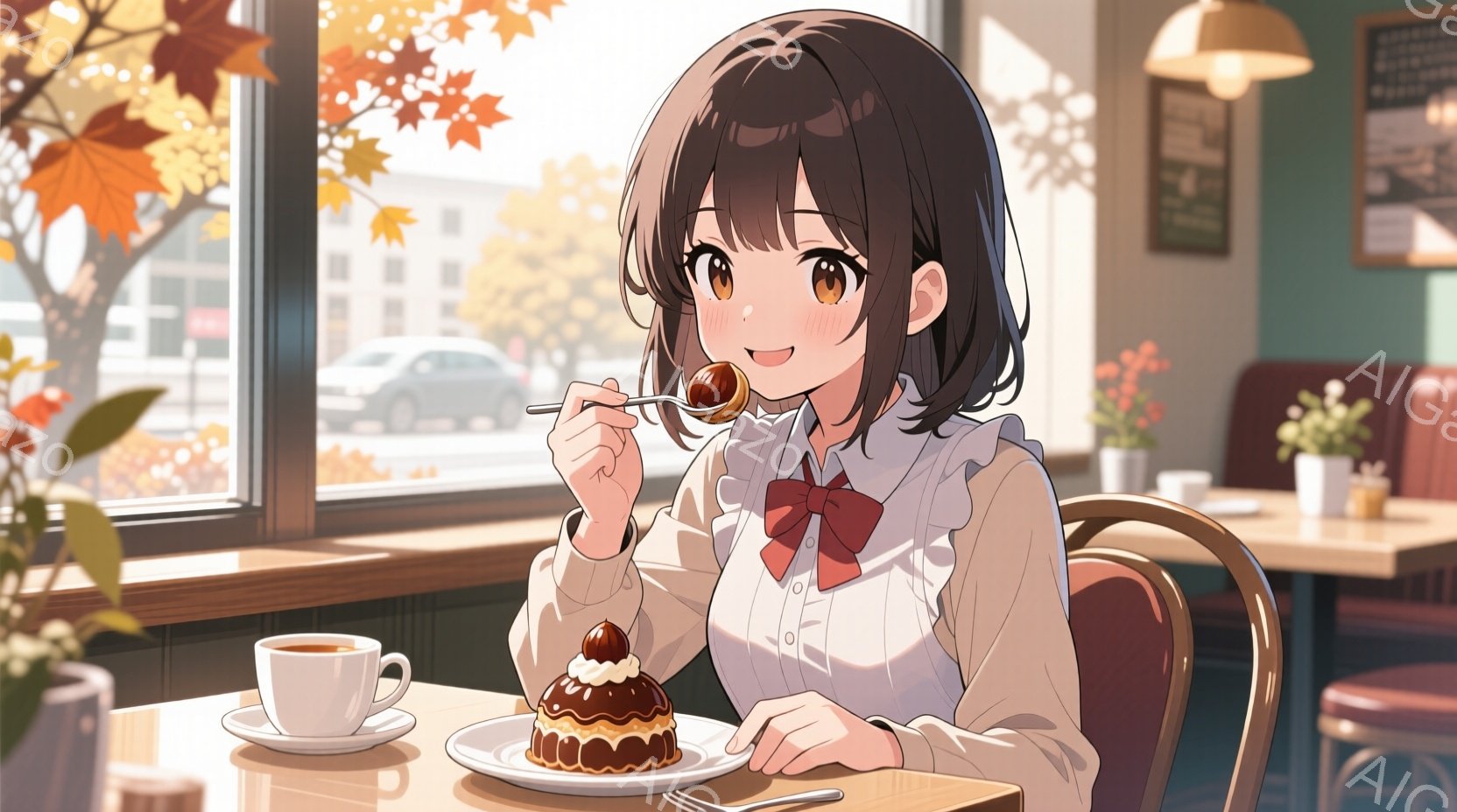 茶髪の少女がカフェでケーキを食べている様子が描かれています。彼女は白いブラウスに赤いリボンを付け、窓際の席で微笑みながらフォークにケーキを巻き取っています。背景には秋の風景が広がり、暖色系の色調が心地よい雰囲気を醸し出しています。
