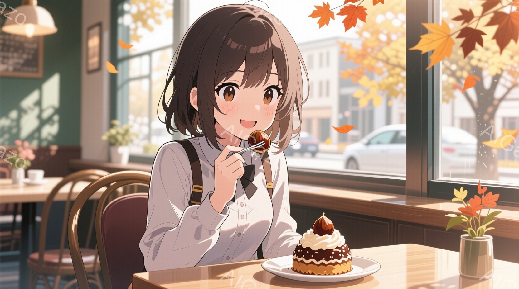 カフェの窓際の席に座る若い女性が描かれています。彼女は白いシャツにベスト、そして茶色の髪で、嬉しそうな表情でチョコレートを串に刺して口に運んでいます。窓の外には秋の風景が広がり、建物や木々、そして落ち葉が暖かく穏やかな雰囲気を醸し出しています。