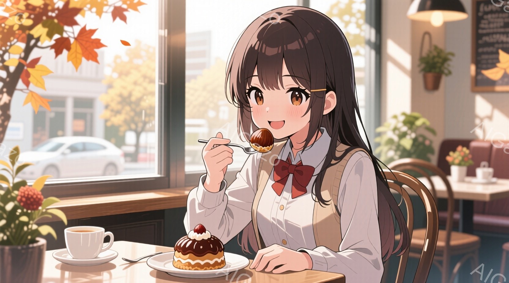 茶髪のロングヘアに赤いリボンをつけた少女がカフェでケーキを食べている。彼女は白いシャツにベストを合わせ、微笑みながらフォークにケーキを乗せている。背景には窓の外の街並みと、カフェのインテリアが見え、暖かい光が差し込み、穏やかな雰囲気を醸し出している。