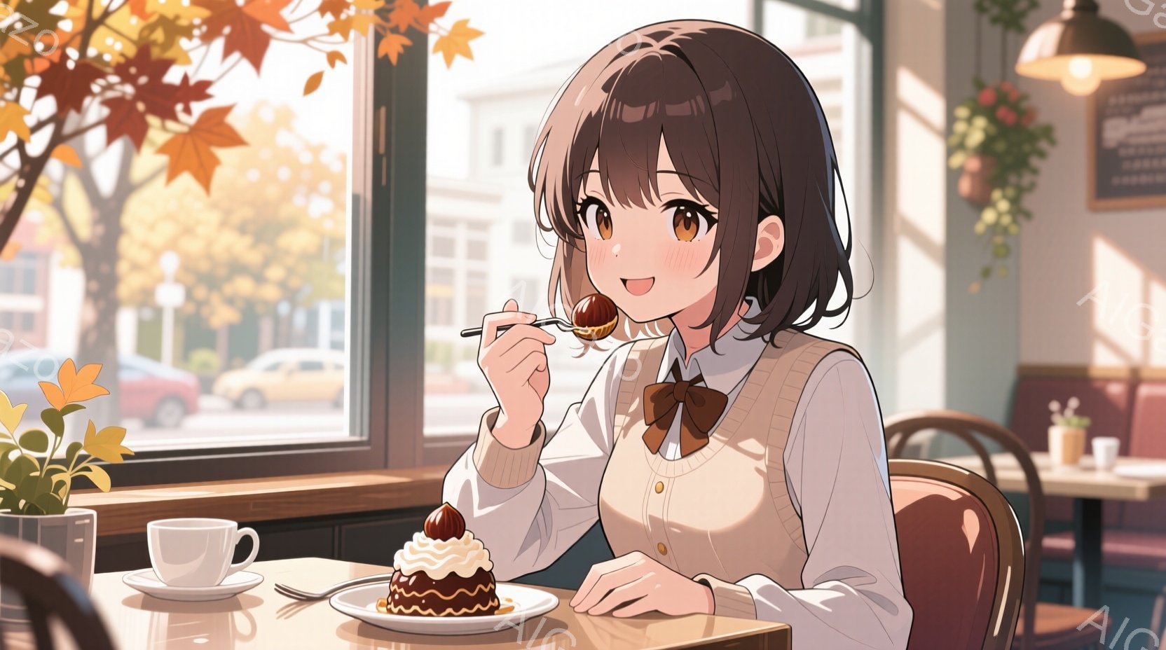 茶髪の女性がカフェでケーキを食べている様子が描かれています。白いシャツに茶色のベストとリボンを結んだ姿で、窓の外の街並みを背景に穏やかな表情を浮かべています。背景には、紅葉した木々と建物が見え、カフェ - AI生成フリー素材