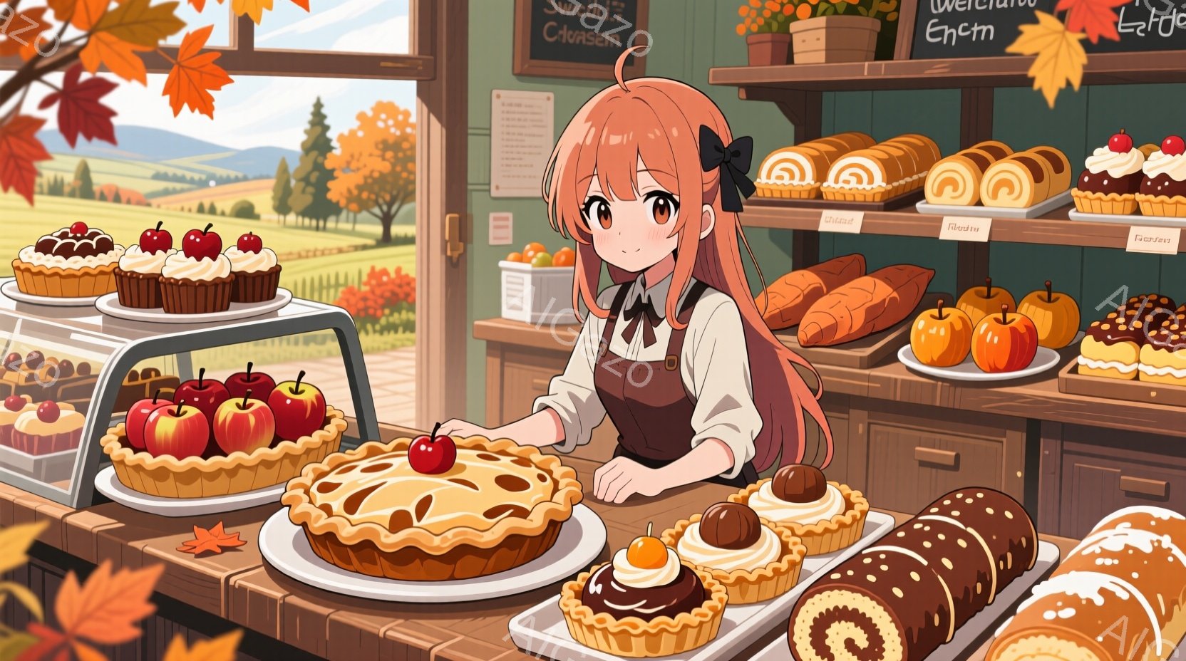 明るい茶色の髪をツインテールにした少女が、りんごのタルトを指で示している。彼女は白いブラウスに茶色のエプロンをつけ、明るい表情で、パン屋のカウンターに立っている。背景には、焼き菓子が並んだショーケースや秋の風景が見え、温かく、のどかな雰囲気が漂っている。