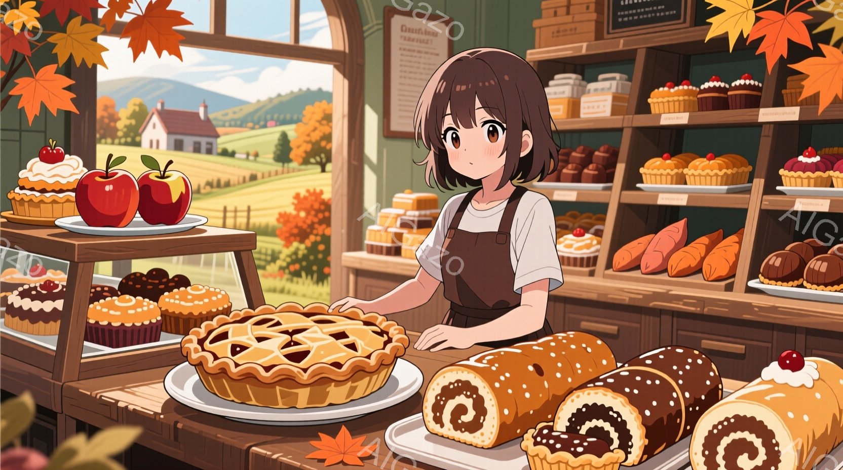 明るい背景のパン屋が描かれており、若い女性がカウンター越しに立っている。彼女は茶色のショートヘアで、エプロンを身に着け、少し恥ずかしそうな表情をしている。カウンターには、アップルパイ、ロールケーキ、その他の焼き菓子が並べられ、外には緑豊かな風景と家が見え、秋らしい温かい雰囲気が漂っている。