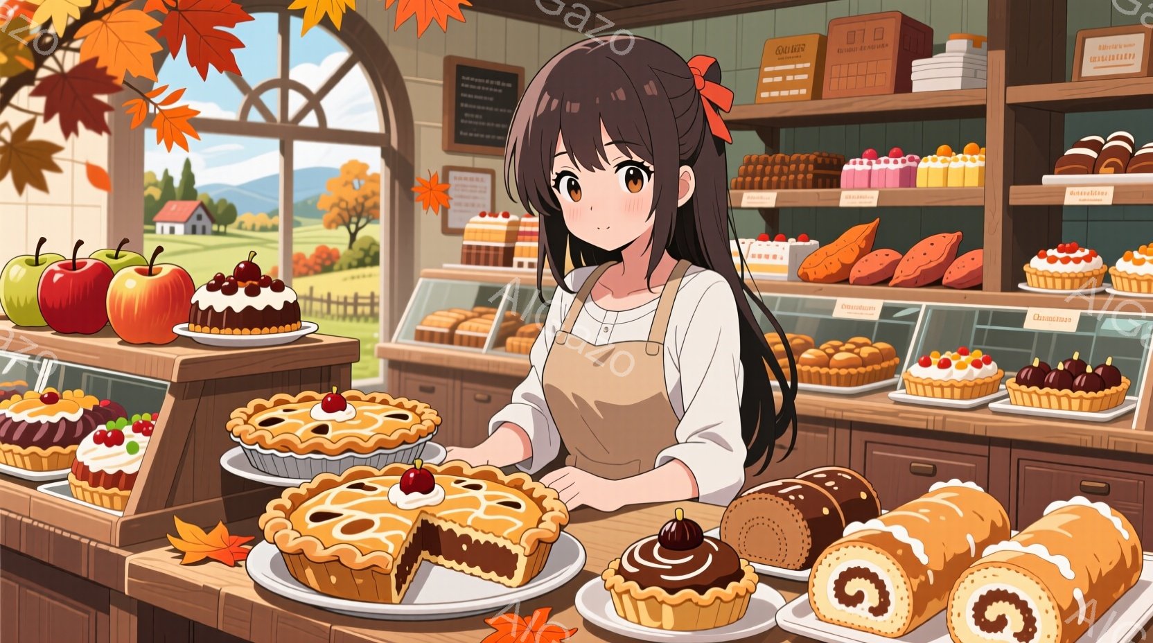 明るい茶髪の少女がエプロンを着て、パン屋のカウンターに立っている。彼女は少し頬を赤らめ、優しい笑顔を浮かべている。背景には、パイやケーキ、ロールケーキなどが並び、窓の外には緑豊かな風景と秋らしい紅葉が見える。