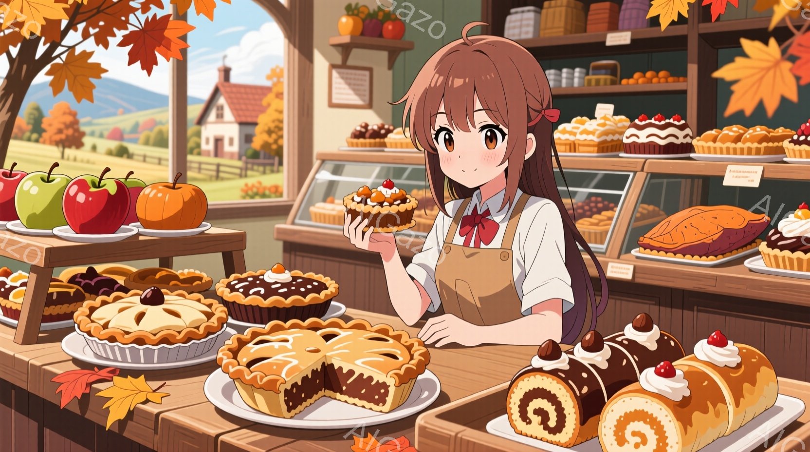 明るい茶色の髪をリボンで結んだ少女が、エプロン姿で美味しそうなケーキを手に持っています。彼女は少し照れたような表情で、温かい雰囲気のケーキ屋のカウンターに立っています。背景には、紅葉の木々と可愛らしい家が見え、秋の穏やかな天候を感じさせます。