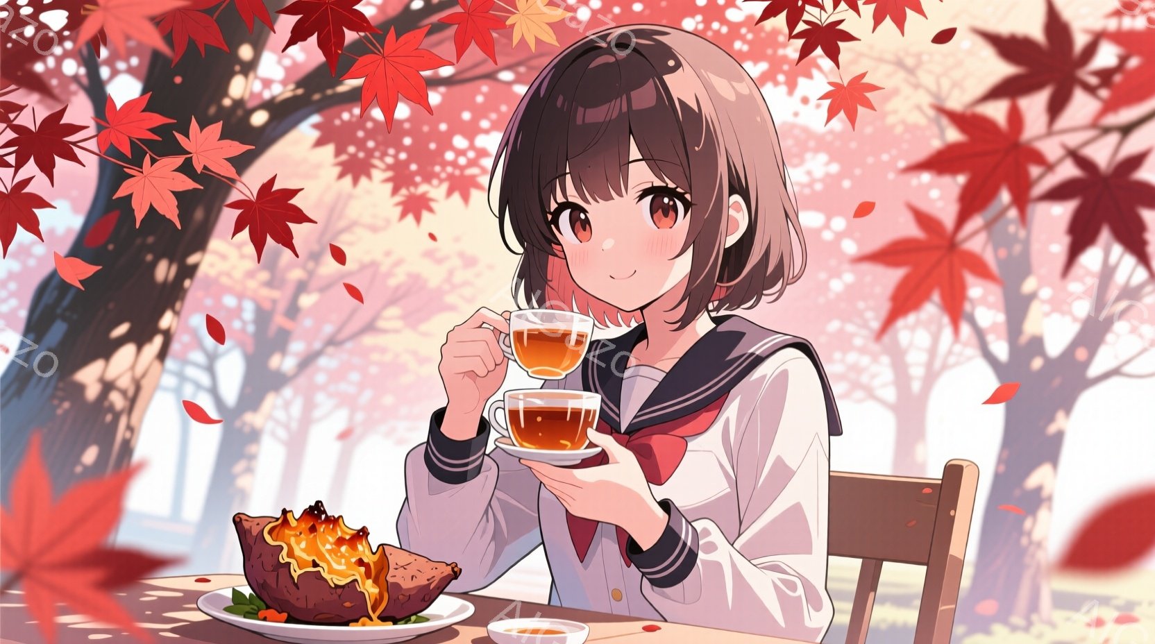 茶色の短い髪で、前髪が少しカールしている少女が描かれています。彼女はセーラー服を着ており、両手に温かい飲み物が入った湯呑みを重ねて持っています。背景には紅葉が舞い散る木々と、ぼやけた建物が見え、秋の暖かく穏やかな雰囲気を醸し出しています。
