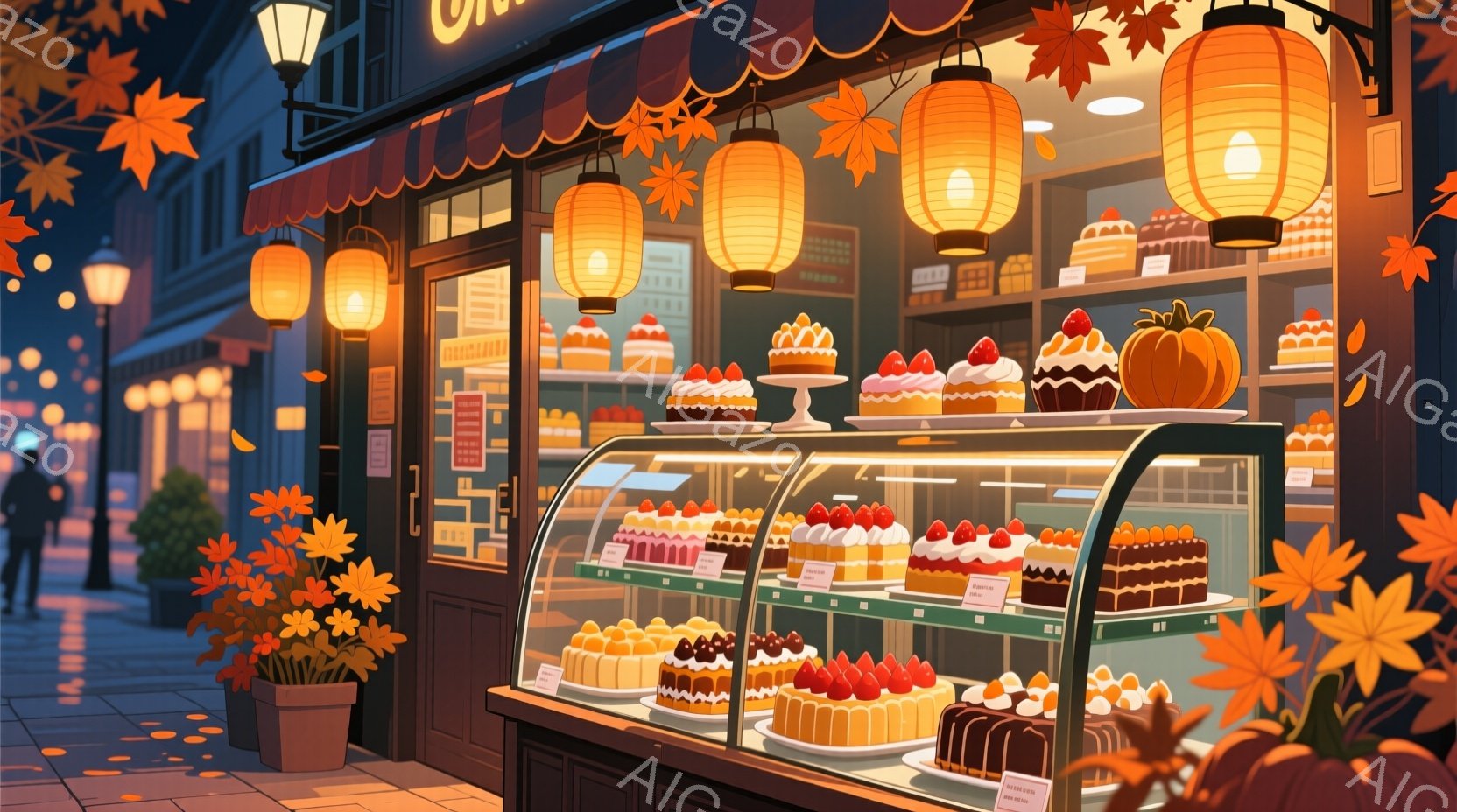 店のショーケースには、色とりどりの美しいケーキやタルトが並べられています。背景には、オレンジ色の提灯が灯り、落ち葉が舞う秋の夜を表しています。ショーケースの左には黄色い花が飾られた植木鉢があり、店の外に人影が見られます。