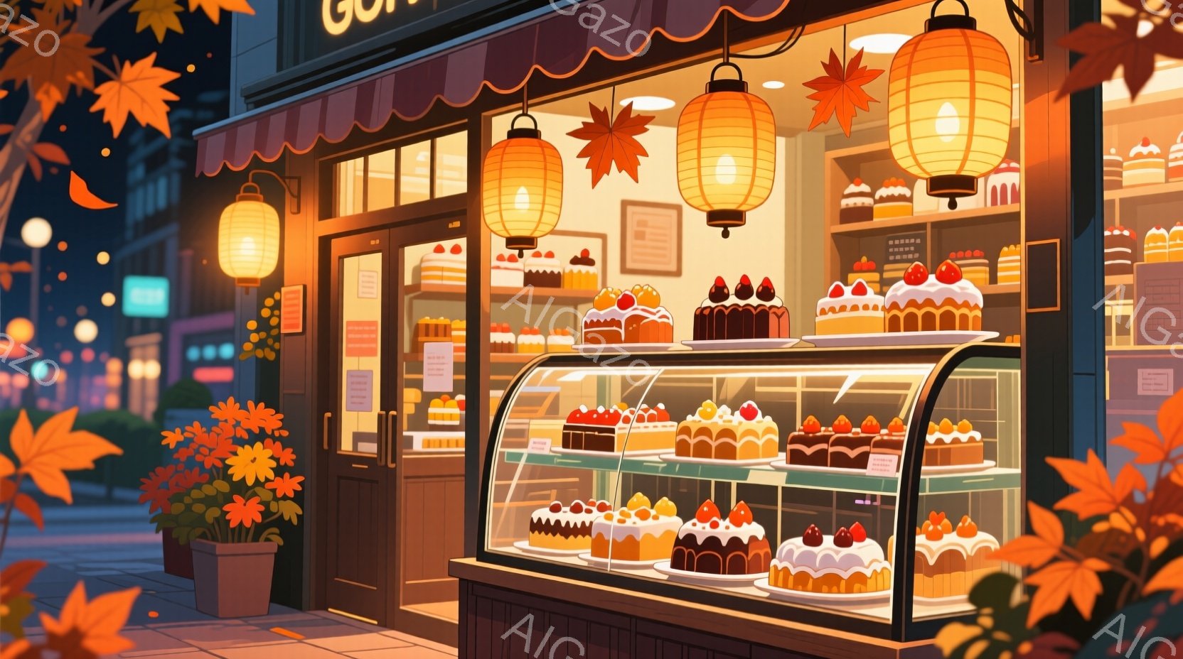 夜の街並みに、ショーケースに色とりどりのケーキが並んだケーキ屋が描かれています。オレンジ色の提灯が暖かく光を灯し、落ち葉が舞い散る秋の夜の穏やかな雰囲気を醸し出しています。ショーケースの中には、イチゴやクリームをトッピングした、美味しそうなケーキが綺麗に並べられています。