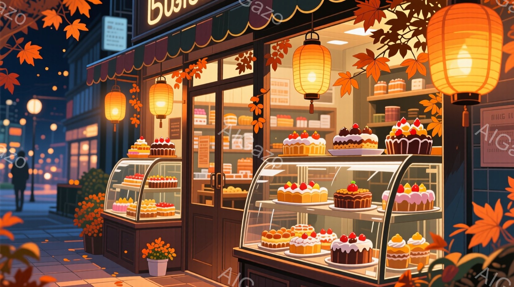 鮮やかなオレンジと黄色に染まった紅葉の葉が舞い散る、夜の製菓店の風景です。ショーケースには色とりどりの可愛らしいケーキが並び、温かい光が店内に灯っています。石畳の道には葉が散らばり、秋の落ち着いた雰囲 - AI生成フリー素材