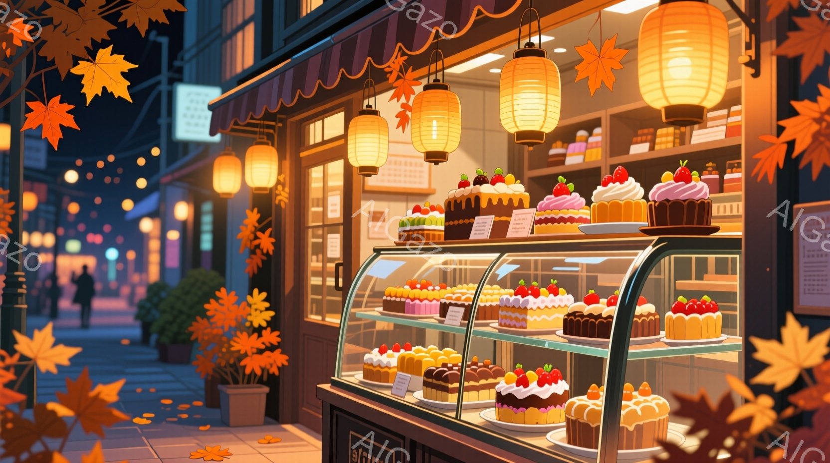 オレンジ色や赤色の紅葉が舞い散る夜の街並みには、ショーケースに並んだ色とりどりのケーキが輝いている。ショーケースの奥には様々な種類のケーキが並び、暖色の照明がケーキを照らし出している。背景には、点灯された提灯が並び、秋の落ち着いた夜の雰囲気を醸し出している。