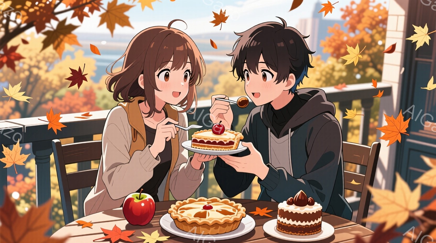 若い男女が、秋の風景を背景にテーブルを囲んでケーキを楽しんでいます。女性はベージュのセーターを着ており、茶色の巻き髪で、微笑みを浮かべています。男性はグレーのパーカーを着ており、黒髪で、女性にケーキを勧めています。テーブルには、赤いリンゴと、クリームとイチゴのケーキ、タルトが置かれており、背景には色鮮やかな紅葉と遠くに見える街並みが広がっています。