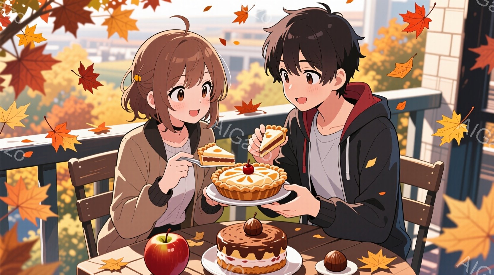 明るい茶色の髪を揺らす女性と黒髪の男性が、バルコニーで一緒にデザートを楽しんでいます。女性はベージュ色のカーディガンと白いセーターを着ており、男性はパーカーを着ています。背景には、秋の紅葉と遠くの街並みが広がっており、暖かく穏やかな雰囲気が漂っています。