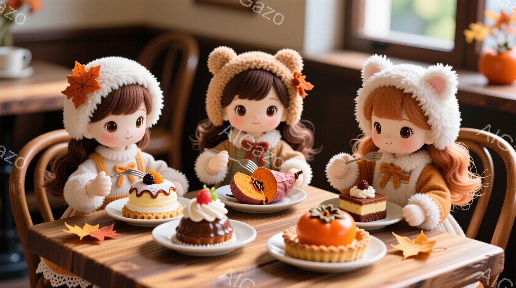 3体の可愛らしい人形がテーブルを囲んでお茶を楽しんでいます。人形たちは、オレンジ色の帽子と白いセーターを着ており、長い茶色の髪はカールしています。テーブルの上には、ケーキやスイートポテトなどの秋らしいデザートが並べられ、その周りには紅葉の葉が散らばっています。
