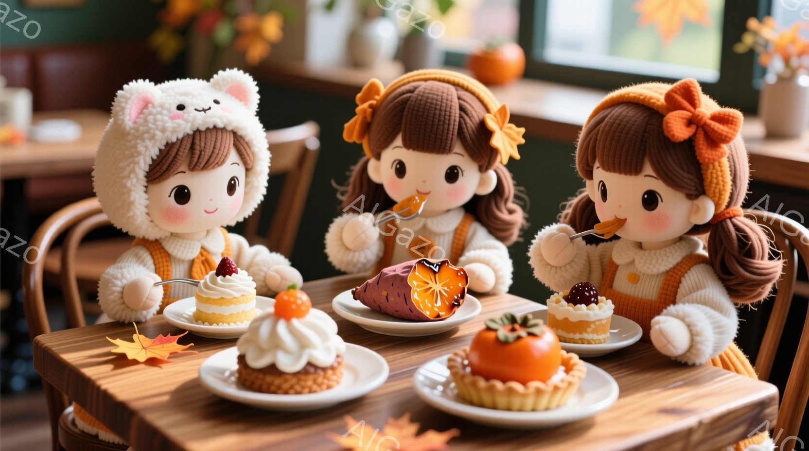 茶色の髪にオレンジ色のリボンをつけた３人の愛らしい人形が写っています。各人形は異なる可愛らしい帽子をかぶり、それぞれ小さなケーキとフルーツを手にしています。背景は暖色系の自然光が差し込む室内で、秋らしい装飾が施されており、全体的に温かく穏やかな雰囲気が漂っています。