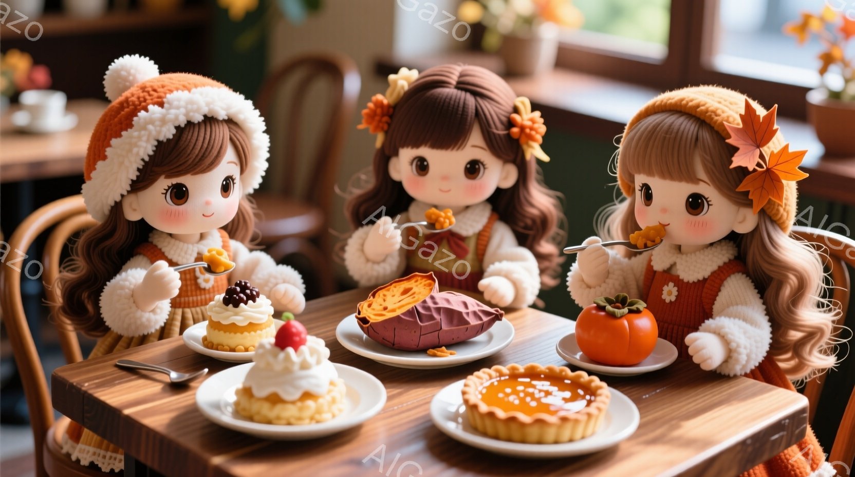 3体の愛らしい人形がテーブルを囲んで座っており、それぞれ手にスプーンと食べ物を持っています。人形たちは、温かみのあるオレンジ色のニット帽を被り、茶色のカールした髪をしています。背景には、ぼやけた秋らしい装飾と自然光が見え、全体的に穏やかで心地よい雰囲気を醸し出しています。