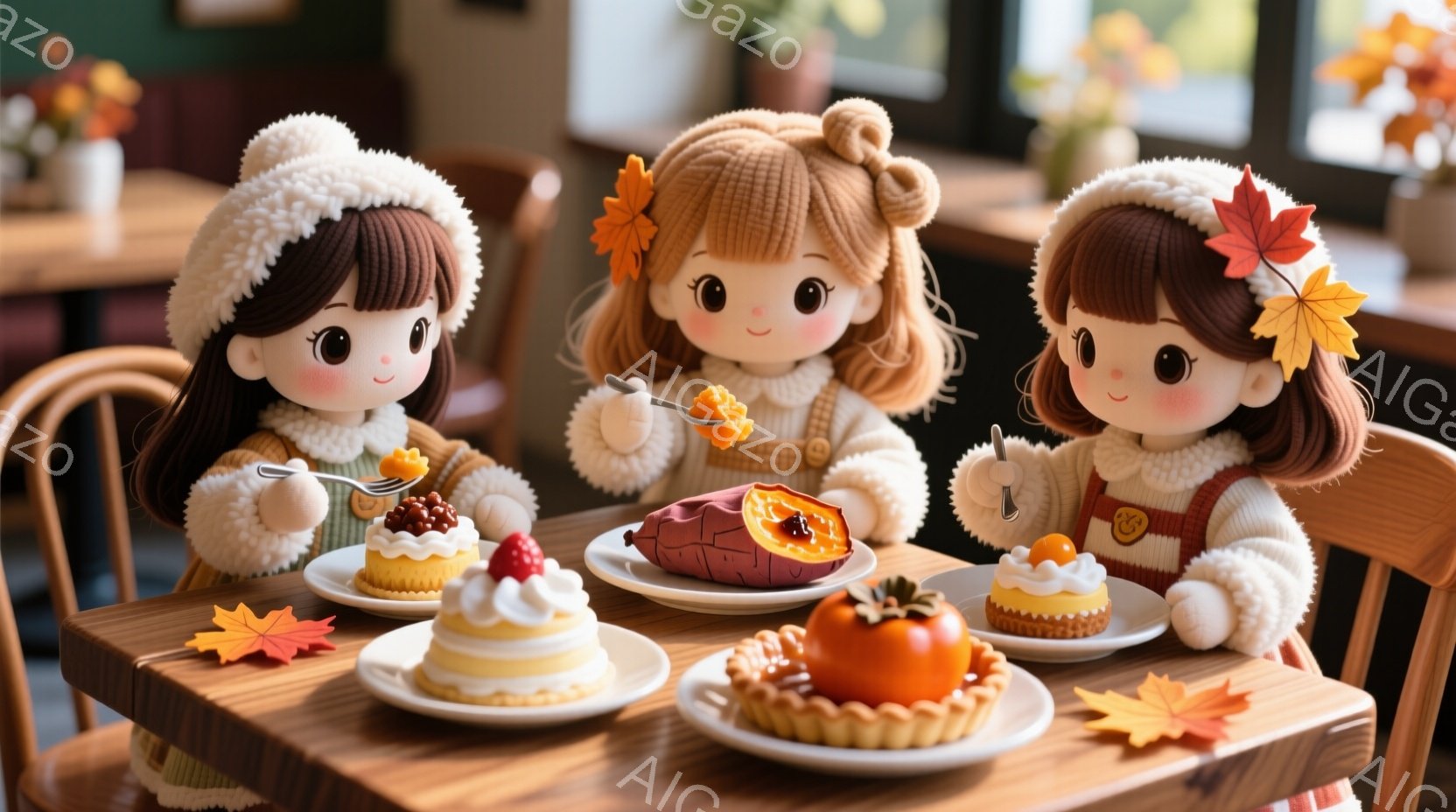 三人の可愛らしい人形が、秋をテーマにしたカフェのような場所で、それぞれケーキや焼き芋を前にしています。人形たちは暖色系のニットの服を着ており、明るい茶色の髪はカールして、それぞれ異なるヘアアクセサリーを付けています。テーブルの上には、カラフルな秋の葉が散りばめられ、背景にはぼやけたカフェの様子が見え、温かく、優しい雰囲気を醸し出しています。