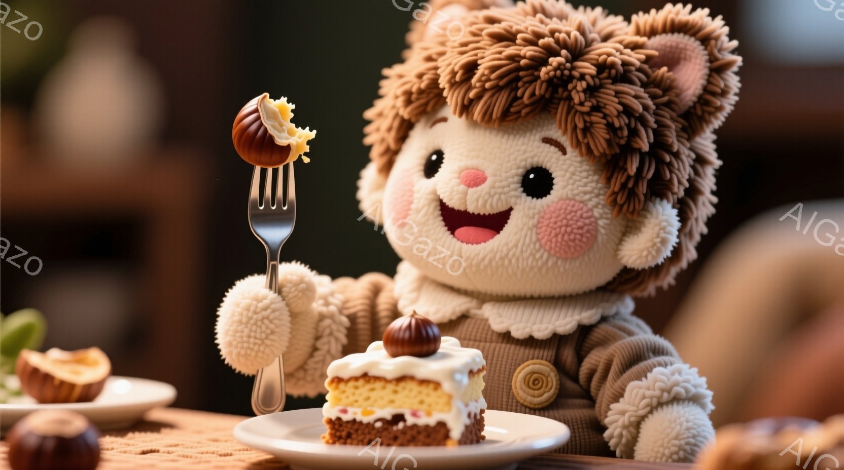 ふわふわとした質感のキャラクターが、フォークでケーキを手に取ろうとしている場面です。明るい茶色の髪は、頭の上でボリュームを持ってまとめられており、赤い頬と優しい笑顔が特徴的です。背景には、ケーキや栗が置かれたテーブルと、ぼやけた暖炉が見え、全体的に温かく、心地よい雰囲気が漂っています。
