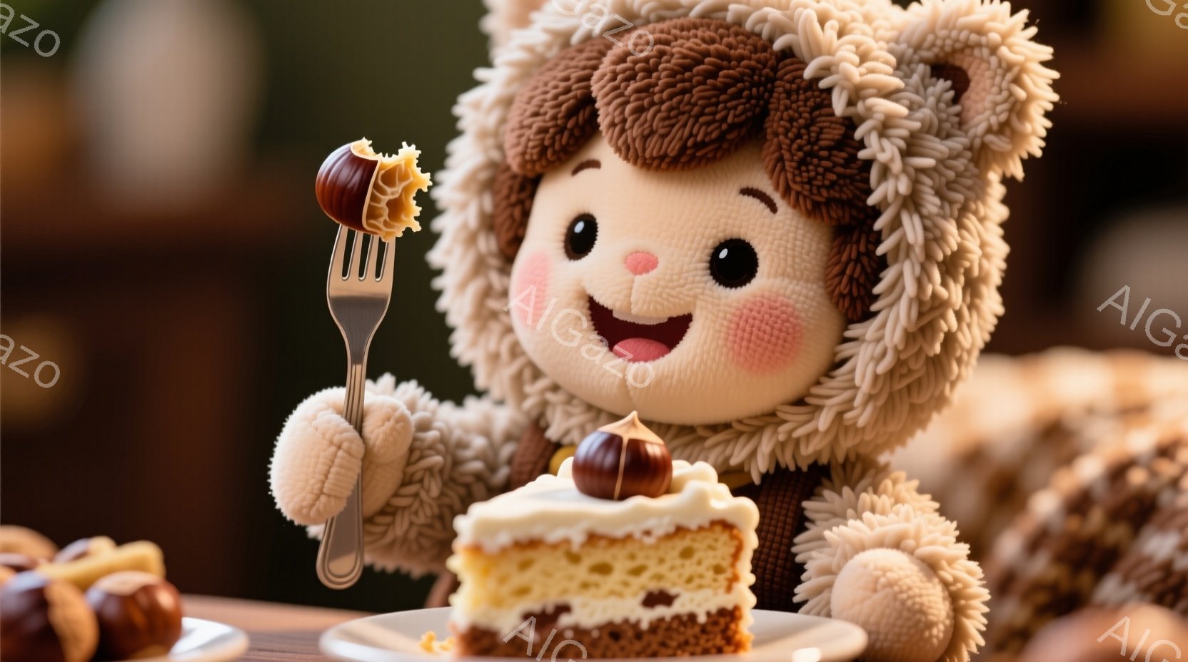 ふわふわとした栗色の髪を持つ、人形のようなキャラクターが描かれています。桃色の頬と笑顔が愛らしく、栗のケーキをフォークで持ち上げようとしています。背景には、他の栗やケーキの一部がぼんやりと見え、温かく、心地よい雰囲気を醸し出しています。