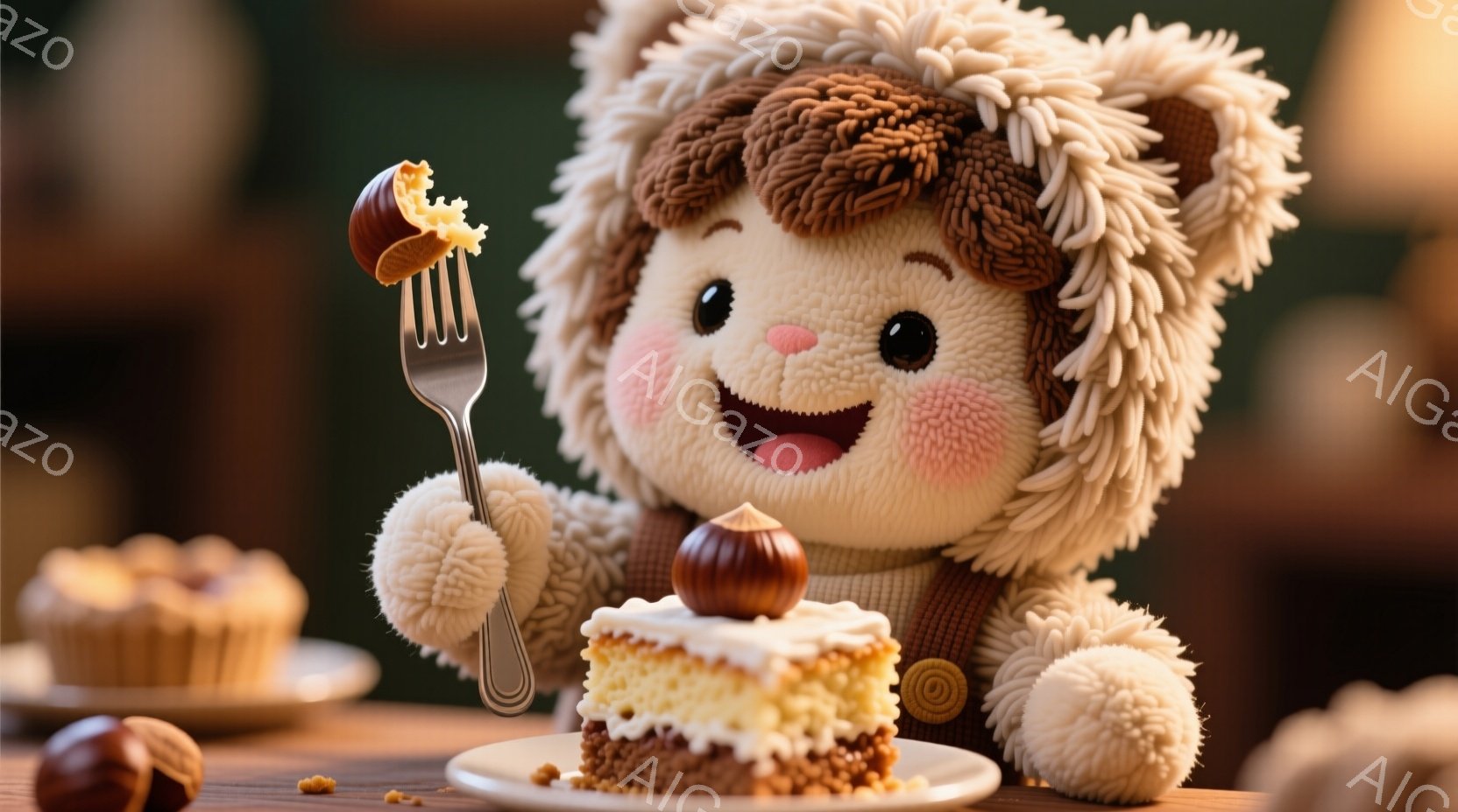 ふわふわとした茶色の毛並みを持つ、カステラのような可愛らしいキャラクターが描かれています。ベージュのオーバーオールに、頭にはもこもことした帽子を被り、大きな笑顔でフォークでケーキを食べる姿は愛らしいです。背景には、ぼやけたケーキがいくつか見え、暖かく甘い雰囲気を醸し出しています。