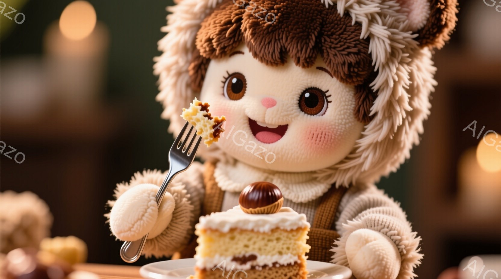 ふわふわの茶色の毛並みのキャラクターが、クリームと栗が飾られたケーキをフォークでつついています。キャラクターはオフホワイトのセーターと帽子を着用し、頬は赤く、嬉しそうな表情をしています。背景はぼかされており、ケーキや他の焼き菓子のほのめかしがあり、全体的に暖かく、心地よい雰囲気が漂っています。