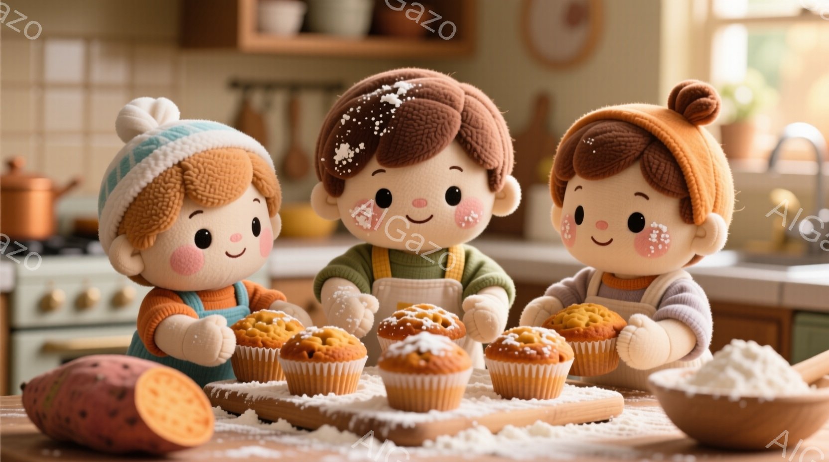 あたたかみのあるキッチンを背景に、3人の人形がスイートポテトのマフィンを作っています。人形たちは皆、オレンジ色の毛並みと、緑色のエプロン、そして頭には可愛らしい帽子をかぶっており、満面の笑みを浮かべています。背景には薄茶色のキャビネットや調理器具が見え、全体的にほっこりとした温かい雰囲気が漂っています。
