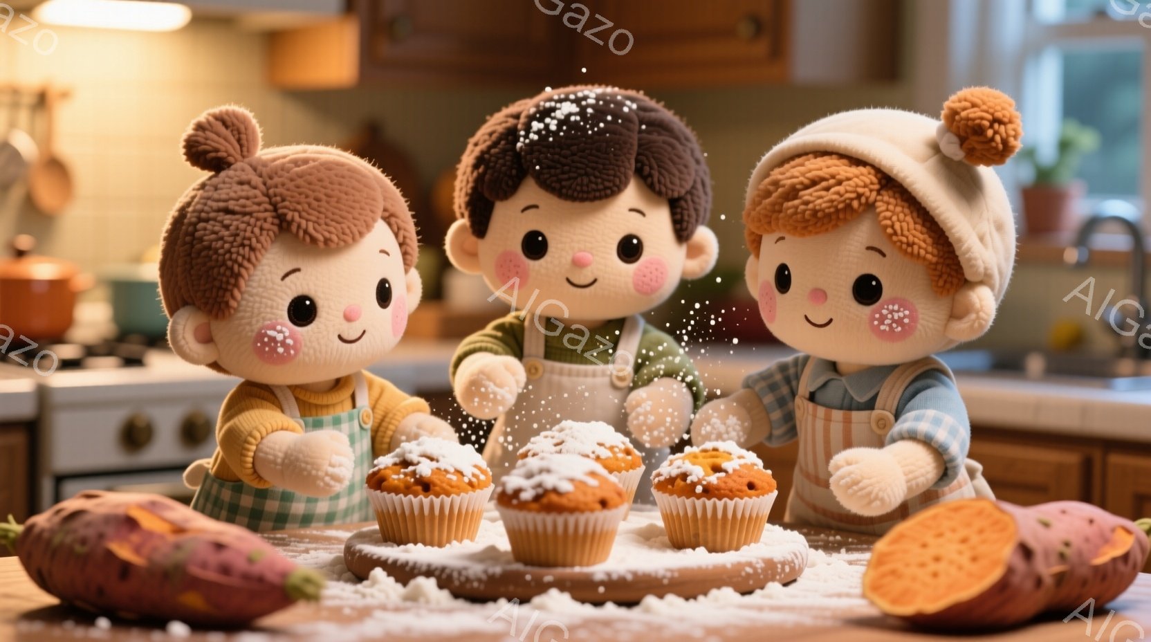三人の子供がキッチンで焼き菓子に粉砂糖をふりかけている様子が描かれています。それぞれ異なる服装で、女の子は緑色のエプロンと巻き毛、男の子は青いシャツと帽子を被り、明るい笑顔を見せています。背景には調理台、オーブン、植物が見え、暖かく家庭的な雰囲気が漂っています。