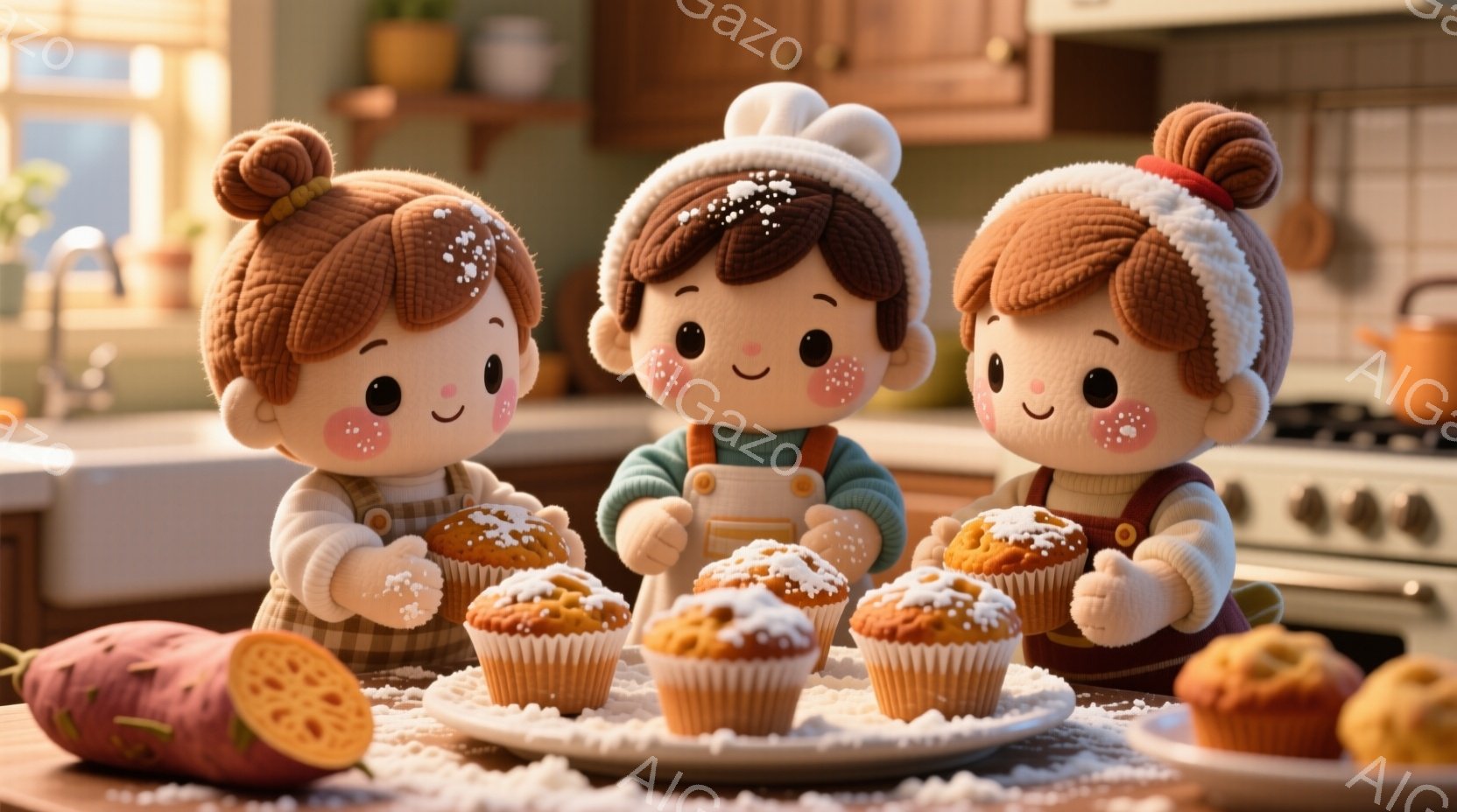 可愛らしい人形のような3人の子供たちが、スイートポテトのマフィンを手に持っています。彼らは皆、オレンジ色の髪を三つ編みにし、赤い頬と優しい笑顔を見せています。背景にはキッチンがあり、暖色系のキャビネットや調理器具が配置され、全体的に温かく、家庭的な雰囲気が漂っています。