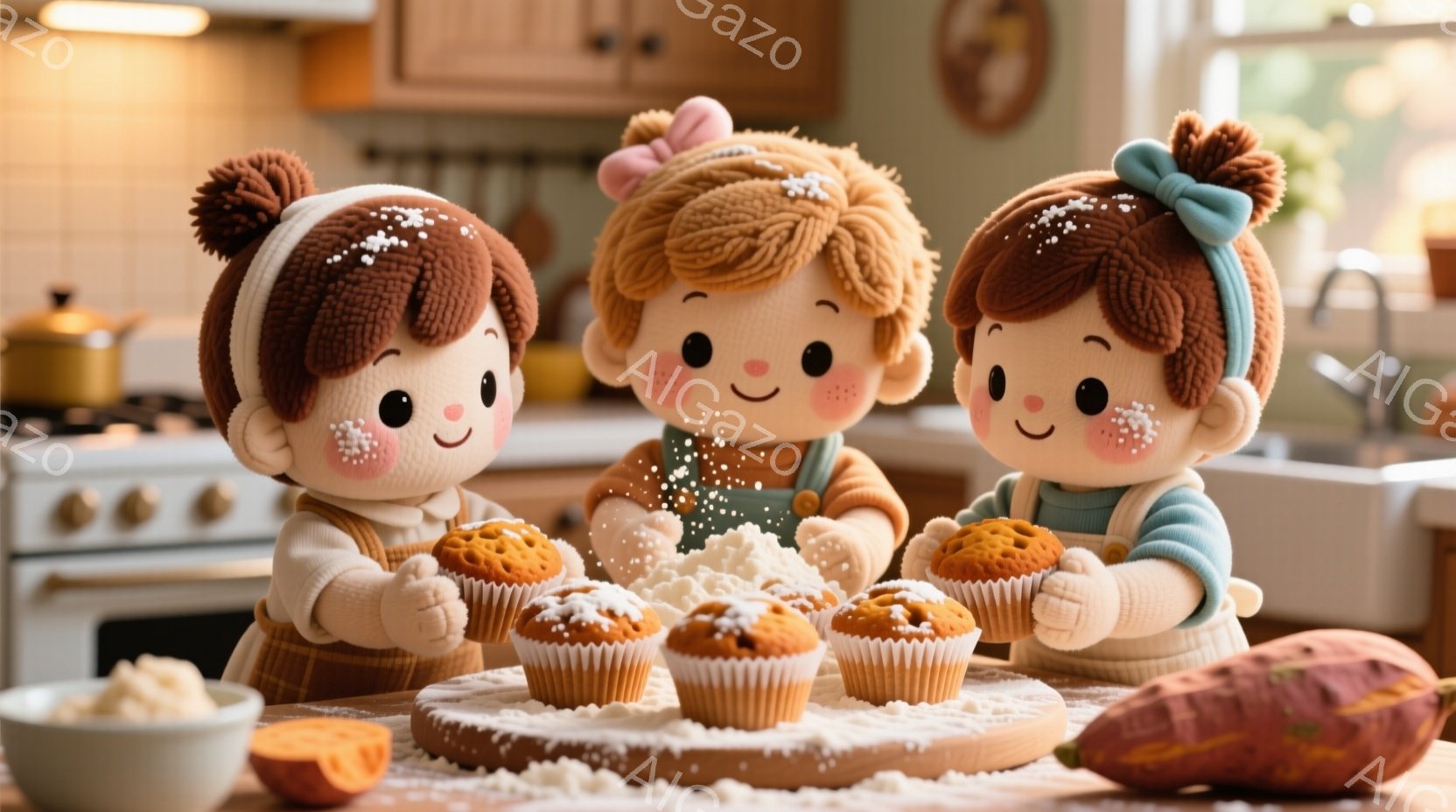 ３人の可愛らしい人形がキッチンでマフィンに粉砂糖を振りかけている様子が描かれています。人形たちはそれぞれオレンジ色、茶色、そして再びオレンジ色の髪を結んでおり、明るい笑顔を浮かべています。背景には、温かみのある木製のキャビネットや調理器具があり、全体的に優しい雰囲気を醸し出しています。