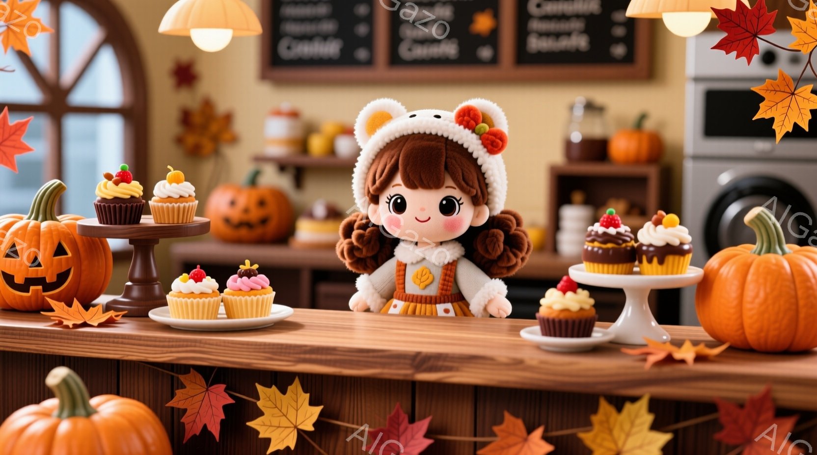 可愛らしい人形が、ハロウィーンをテーマにしたカウンターの上に立っています。人形は茶色の巻き毛に、オレンジ色のオーバーオールと白いセーター、そして耳のような飾りが付いた帽子を着用しており、微笑んでいます。背景には、かぼちゃのランタン、カップケーキ、そして「Cookie Cafe」と書かれた黒板があり、温かく、お祭り気分を盛り上げる雰囲気です。
