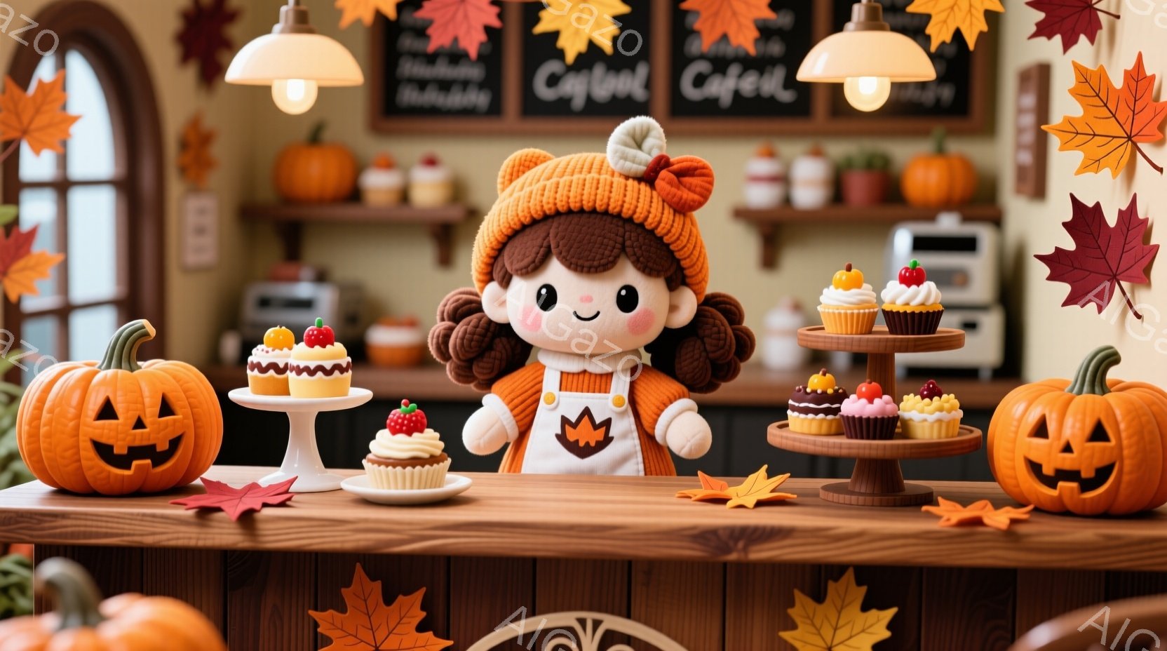 温かみのある木製のカウンターの上に、可愛らしい人形が立っています。人形は茶色の巻き毛にオレンジ色の帽子をかぶり、エプロンをつけており、優しい笑顔を浮かべています。背景には、ハロウィーンの飾り付けがされたカフェの様子がぼんやりと見え、周囲にはカボチャや紅葉の飾りがあり、秋の暖かく穏やかな雰囲気を醸し出しています。