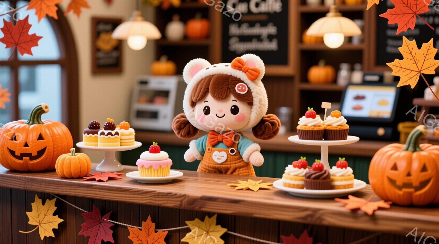 可愛らしいぬいぐるみが、ハロウィンの飾り付けられたカウンターに立っています。茶色の巻き毛の髪型に、猫耳の帽子をかぶり、赤いリボンで結ばれた服装をしています。背景には、カボチャのランタンやカップケーキが並び、秋らしい温かい雰囲気が漂っています。