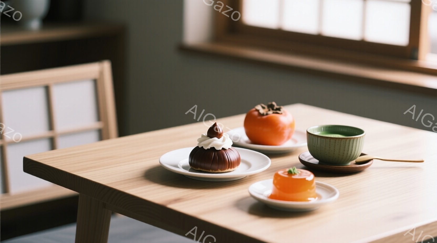 明るい木製のテーブルの上に、和菓子と思われる3つの美しい食べ物が並べられています。栗のような形をしたケーキ、柿のようなオレンジ色のゼリー、そして丸い柿がそれぞれ白いお皿に乗せられています。奥には緑色の茶碗と茶さじがあり、落ち着いた和の雰囲気が漂います。
