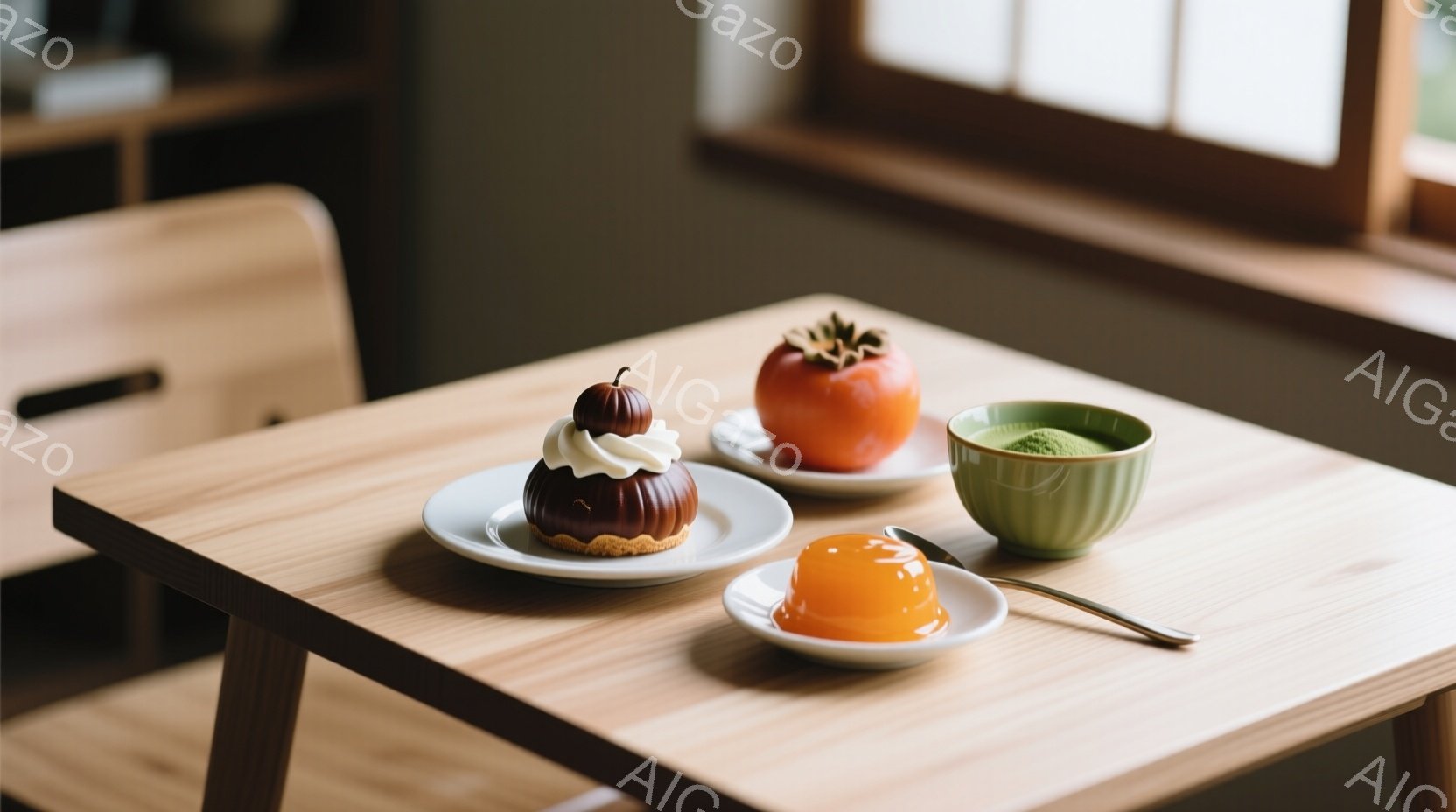 明るい木製のテーブルの上に、和菓子とデザートが並べられています。左にはチョコレート色のクリームを乗せたカステラ風のケーキ、右には柿、抹茶色の液体が入った小さな緑色の器、そしてオレンジ色のゼリーが置かれています。背景には木の椅子と窓があり、静かで落ち着いた雰囲気が漂っています。