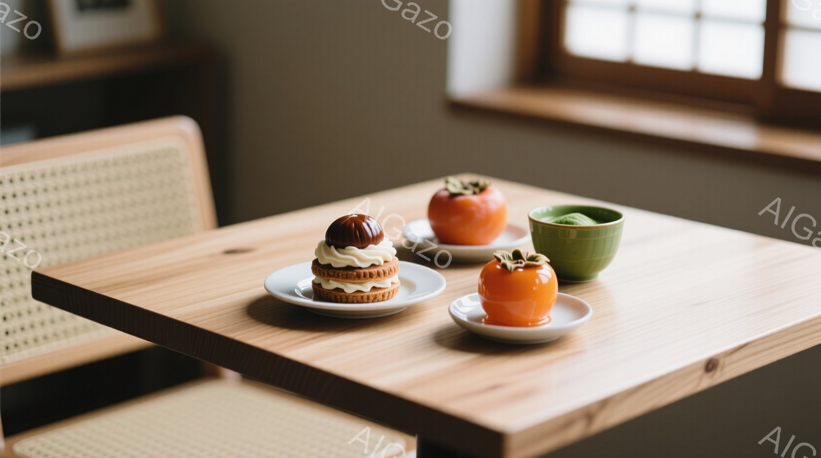 明るい木製のテーブルの上に、柿と、柿を模したクリームを乗せたケーキ、そして抹茶色の器が置かれている。背景には、窓枠と木製の椅子が見え、全体的に温かく穏やかな雰囲気が漂っている。秋を感じさせる色彩と配置で、静謐で落ち着いた印象を与える。