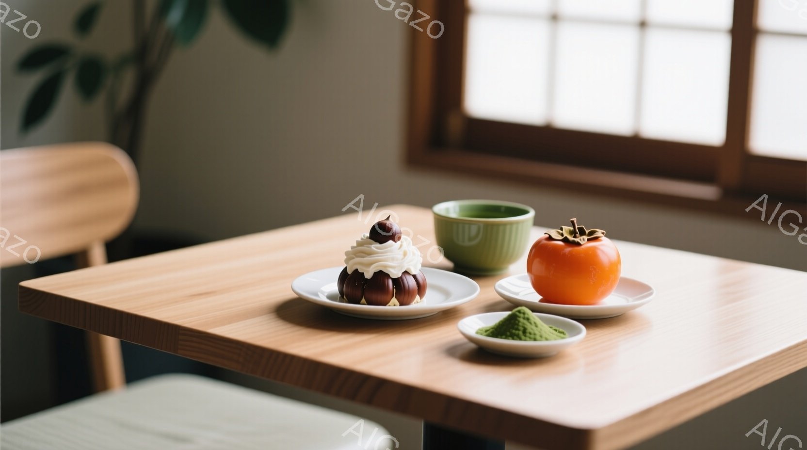 明るい木製のテーブルの上に、栗のモンブラン、柿、抹茶が置かれた白い皿が並んでいる。背景には明るい色の窓枠と緑色の植物が見え、穏やかで落ち着いた雰囲気が漂っている。全体的に、秋の収穫を祝う、シンプルで温かい情景が表現されている。