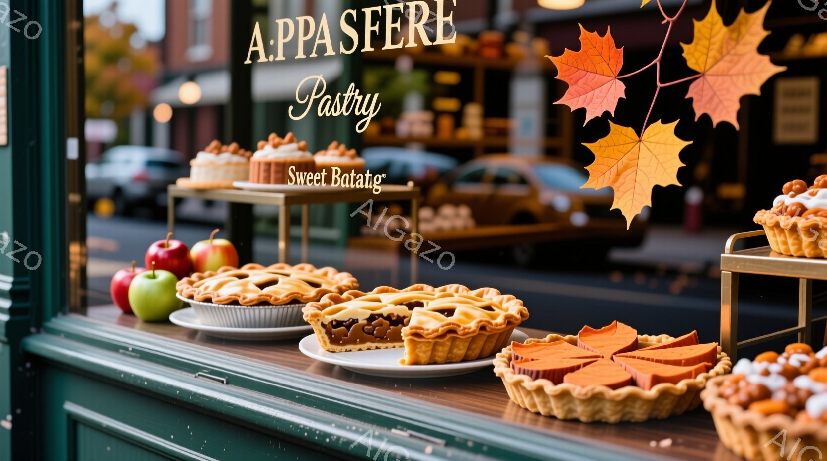 店のショーケースには、様々な種類のパイが並べられています。アップルパイ、パンプキンパイ、ピーカンパイなど、秋らしい色合いの焼き菓子が食欲をそそります。ショーケースの背景には、ぼやけた街並みが見え、秋の温かい雰囲気を醸し出しています。