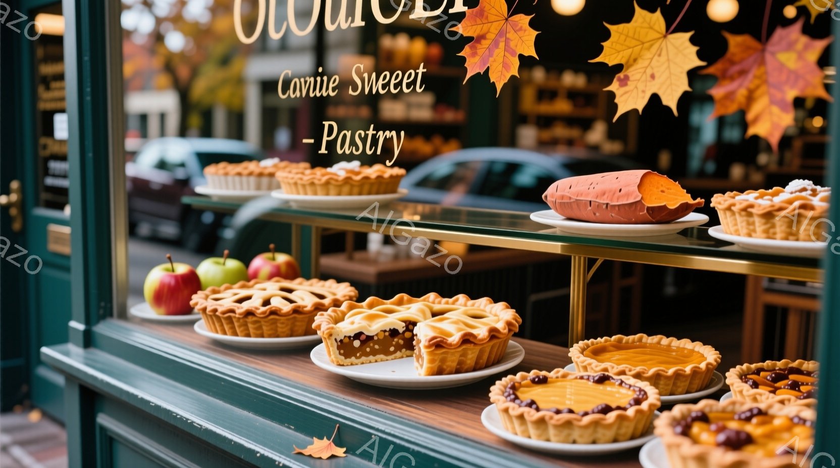 鮮やかな緑色の枠組みに、様々な種類のタルトが整然と並べられています。背景には、紅葉の装飾と、ぼやけた街並みが見え、秋の温かく心地よい雰囲気を醸し出しています。タルトの焼き色が食欲をそそり、秋の味覚を楽しむためのショーケースのようです。