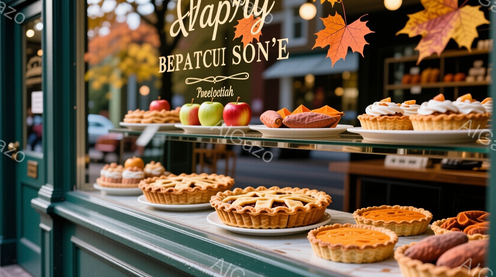 店のショーケースには、様々な種類のパイが並べられています。アップルパイ、カボチャパイ、そしてクリームをトッピングしたパイなど、美味しそうな焼き菓子が所狭しと並んでいます。ショーケースの上部には秋らしい紅葉の装飾が施され、店名は「Happy ベパチュイソン」と書かれています。