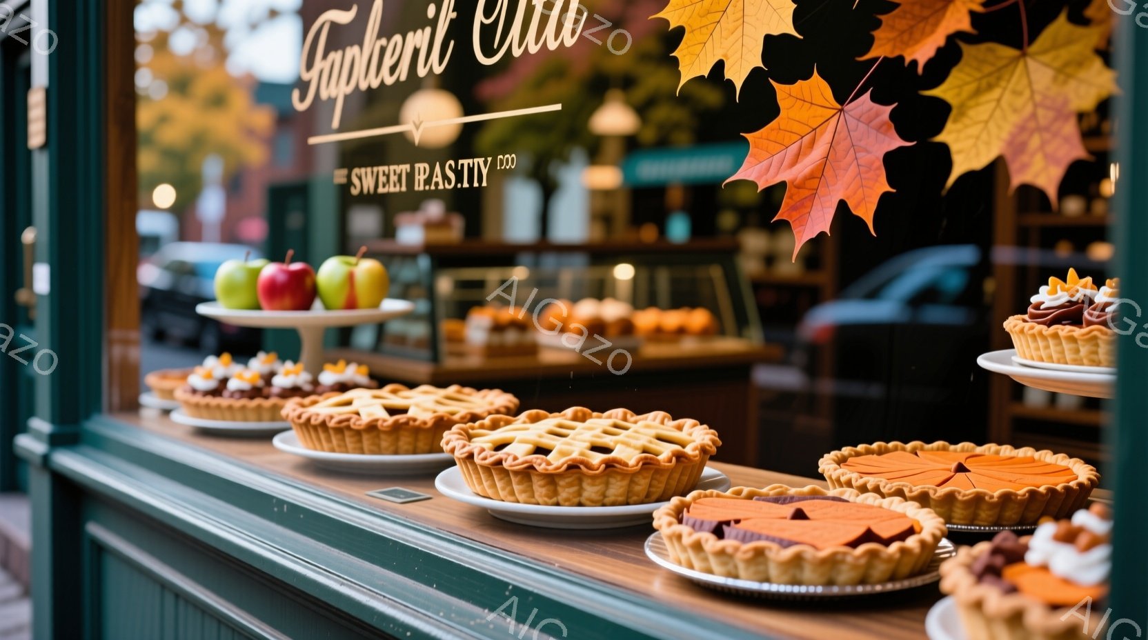 焼き立てのパイやタルトがショーケースに並べられた、温かみのある光景です。ショーケースの上にはリンゴが飾られ、背景には建物と木々が見え、秋の訪れを感じさせます。全体的に秋の収穫を思わせる、心地よい雰囲気です。