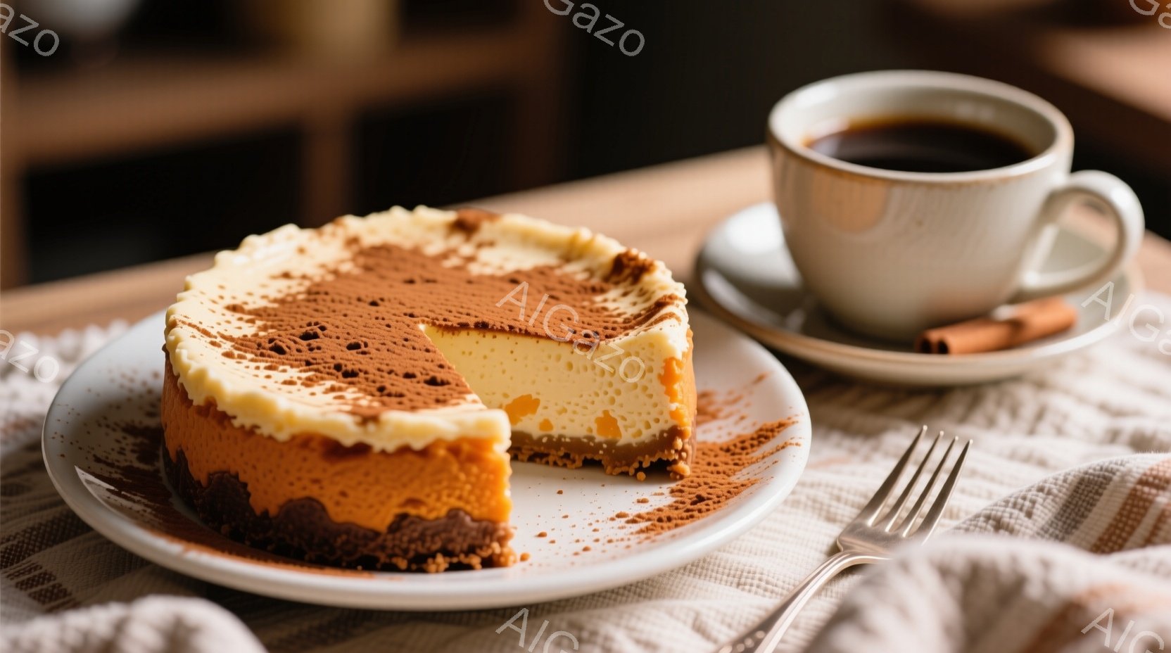 鮮やかなオレンジとクリーム色のチーズケーキが、ココアパウダーで飾られた白い皿に置かれています。隣には、湯気が立ち上るコーヒーカップとシナモンスティックが添えられています。背景にはぼやけた布のテクスチャが見え、温かく落ち着いた雰囲気を醸し出しています。