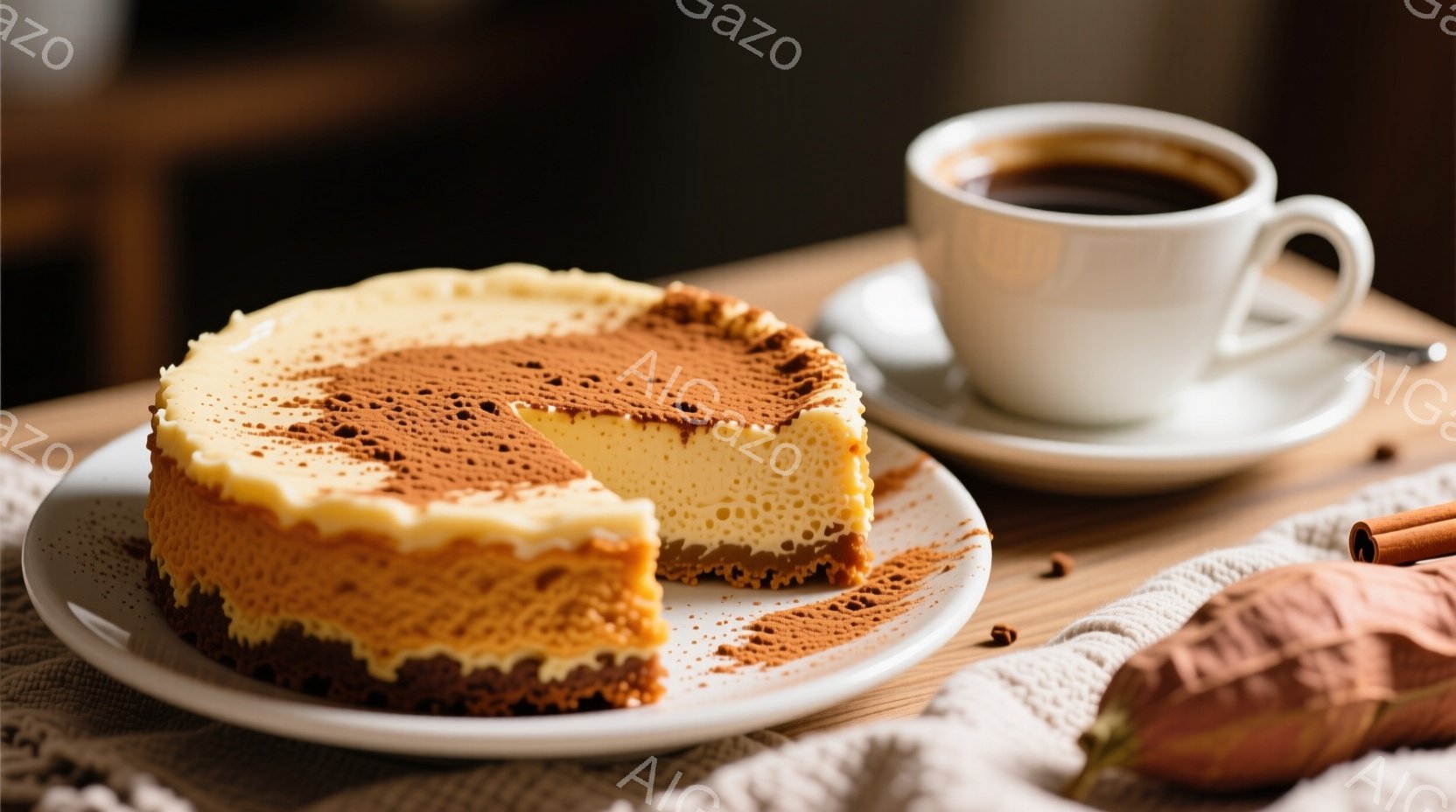 白い皿に、切り取られたチーズケーキが乗っており、ケーキの上にはココアパウダーが振りかけられています。隣には、湯気が立ち上るコーヒーが入った白いカップとソーサーが置かれ、背景には木製のテーブルとベージュ色の布が見えます。全体的に、温かく、リラックスした雰囲気で、コーヒーとチーズケーキを楽しむ午後のひとときが表現されています。