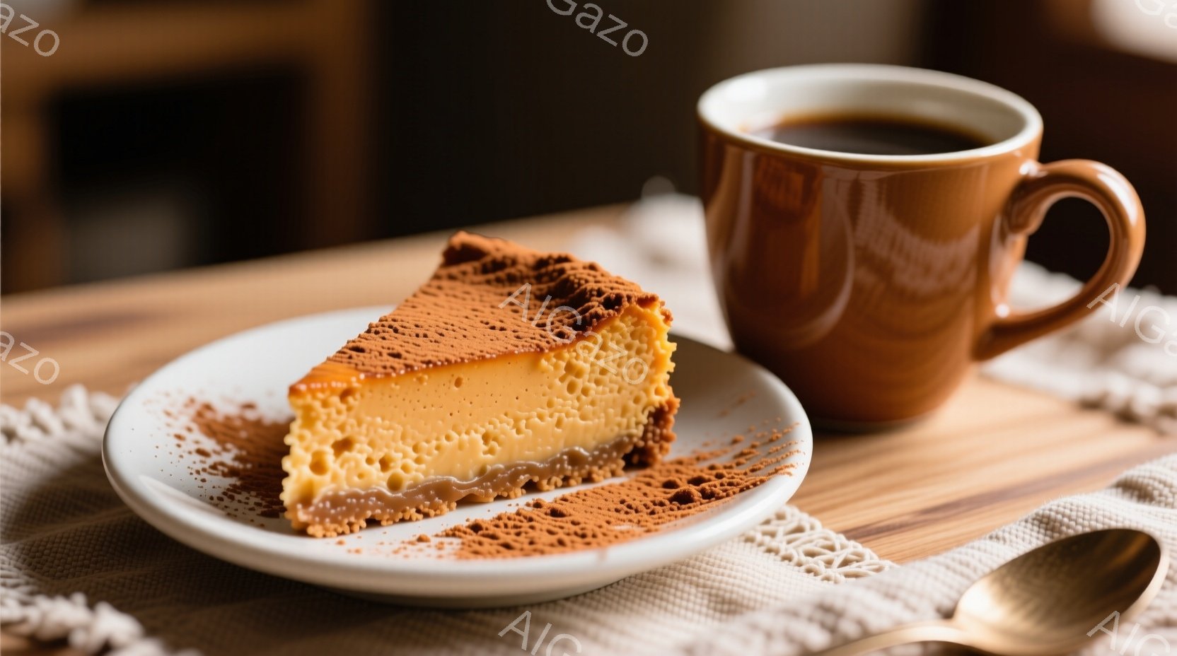 陶器の茶色のマグカップと、キャラメルソースがかかったチーズケーキのスライスが、木目のテーブルの上に置かれている。ケーキは粉砂糖で軽く覆われており、白い皿に盛り付けられている。テーブルにはレース編みの敷物が敷かれ、スプーンが添えられていることで、温かみのある、心地よい雰囲気が漂っている。