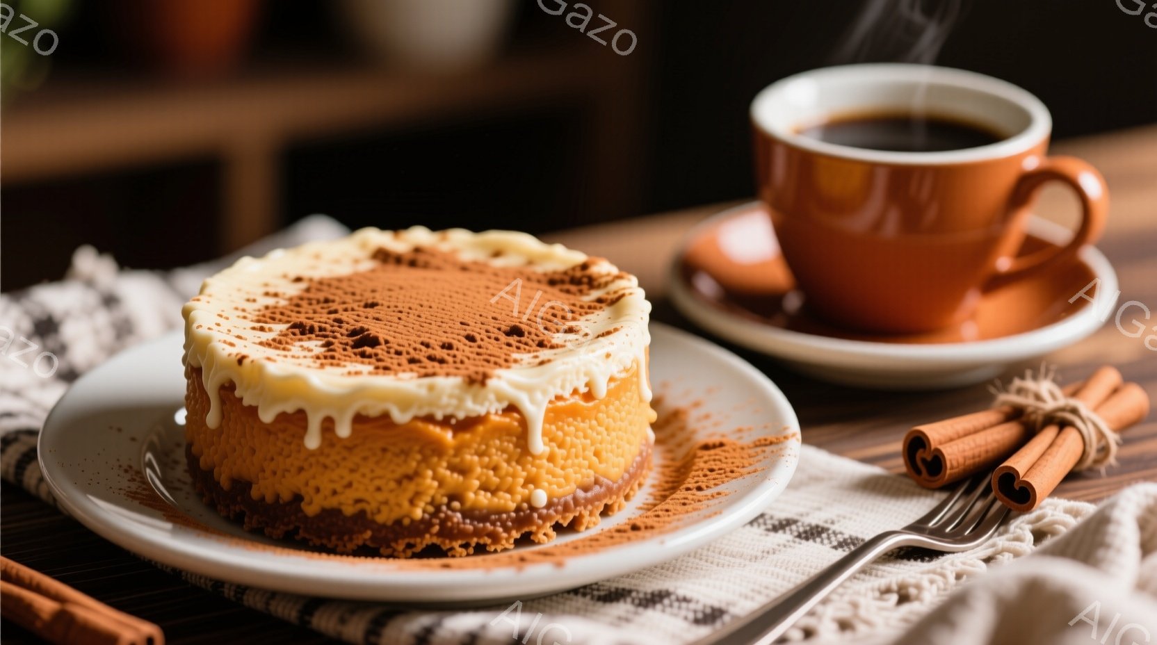 白い布の上に置かれた、カラメルソースと粉砂糖がかかったケーキが印象的です。オレンジ色の陶器のカップに入った熱いコーヒーとフォーク、シナモンスティックがケーキの横に置かれており、温かく落ち着いた雰囲気を醸し出しています。背景には木製のテーブルとぼやけた背景が見え、食事が楽しめそうな場面です。